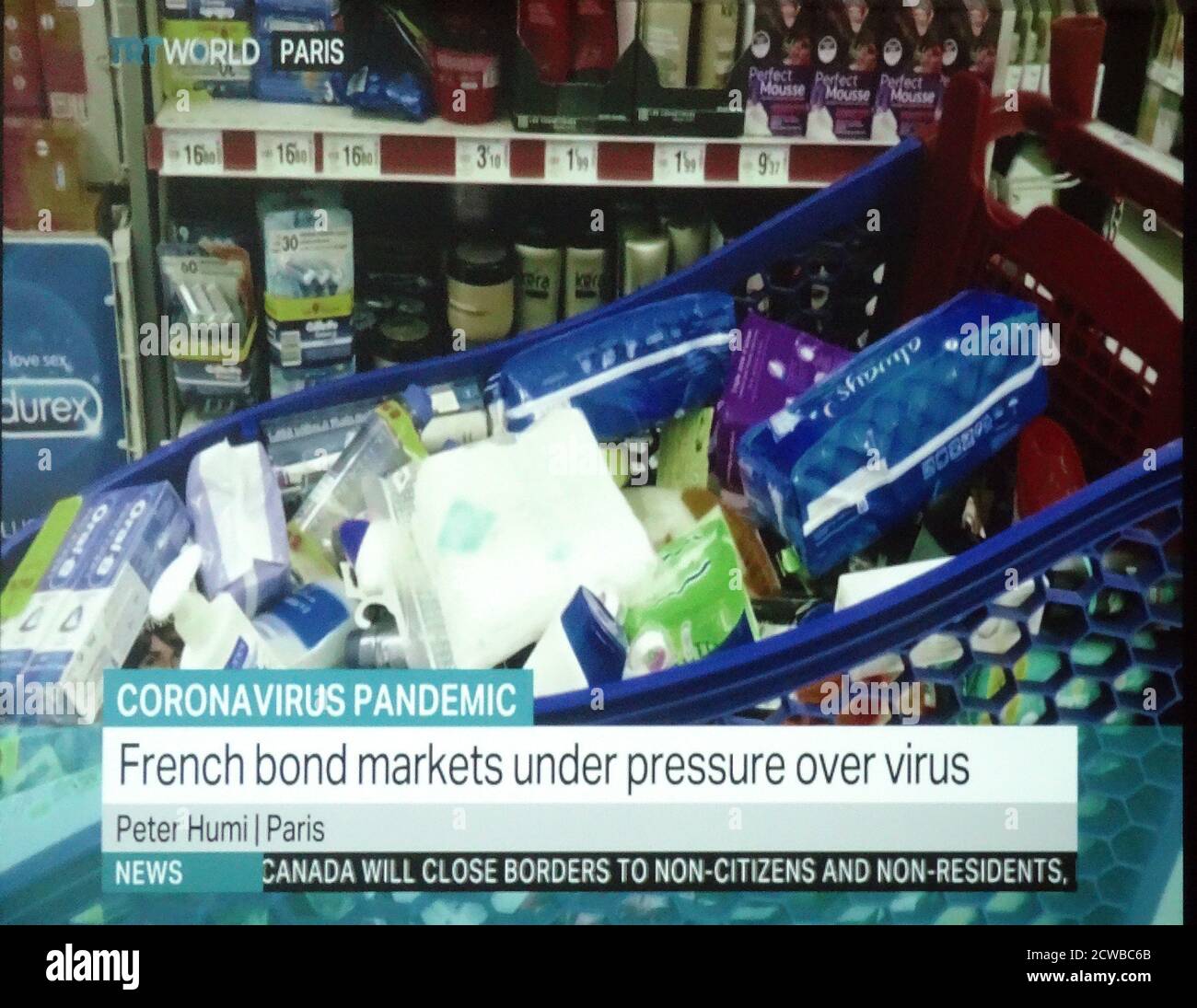 television report on food shortages in France, during the Corona Virus Pandemic. March 2020 Stock Photo