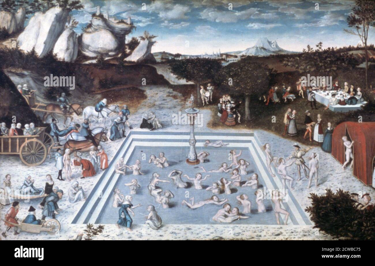 Painting by Lucas Cranach the Elder titled 'The Fountain of Youth', 1546. Part of the collection of the Staatliche Museen zu Berlin, Gemaldegalerie, Berlin, Germany. Stock Photo
