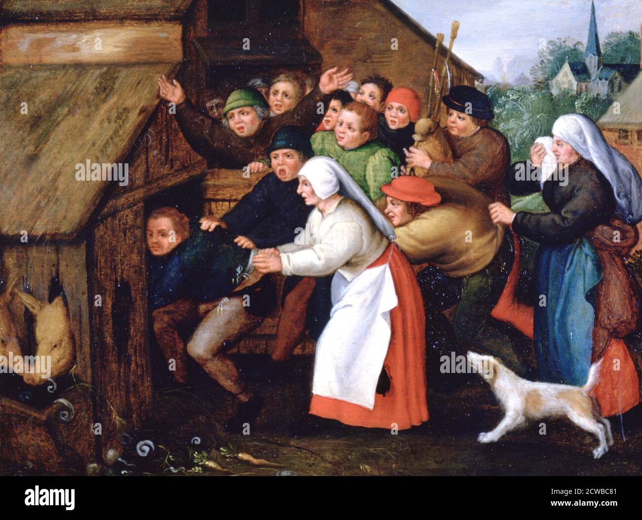 Painting by Pieter Brueghel the Younger titled 'The Drunkard Pushed into the Pigsty', 1564-1638. Part of a private collection. Stock Photo