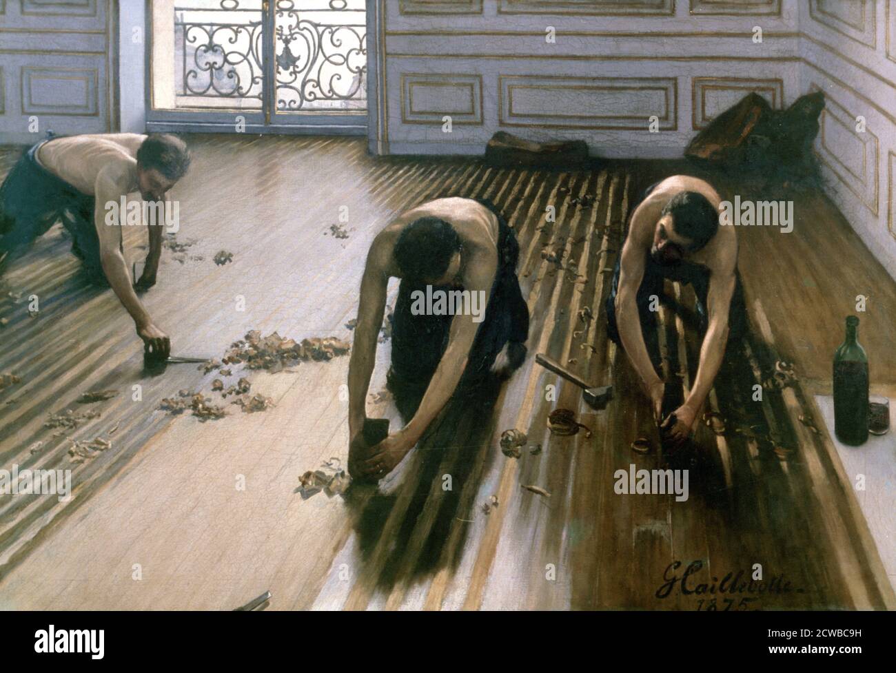 The Parquet Planers', 1875, by French artist Gustave Caillebotte. From the collection of the Musee d'Orsay, Paris, France. Stock Photo
