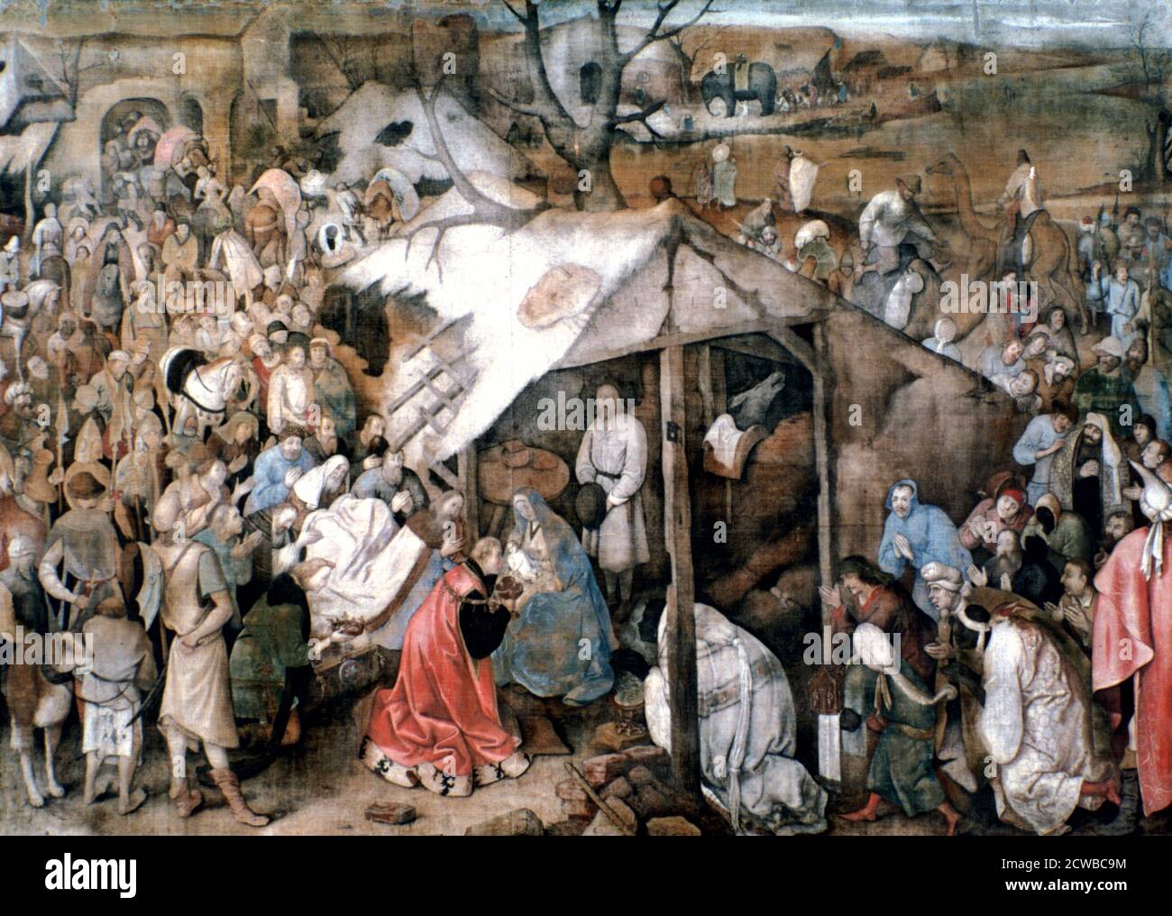 The Adoration of the Kings', c1556-1562, by Pieter Bruegel the Elder. The Three Kings presenting their gifts are treated as caricatures and the Virgin is not idealised. From the collection of the Musees Royaux des Beaux Arts de Belgique, Brussels, Belgium. Stock Photo
