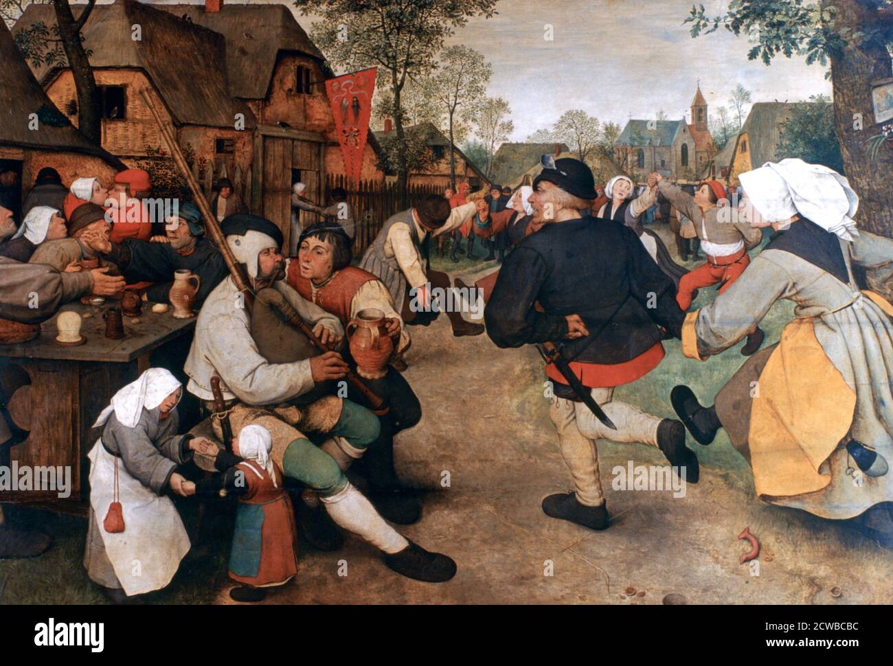 A painting by Pieter Bruegel the Elder titled 'The Peasant Dance', 1568-1569. A traditional dance performed by two couples, marks the opening of a kermesse (village fair), with a. Part of the collection of the Kunsthistorisches Museum, Vienna, Austria. Stock Photo