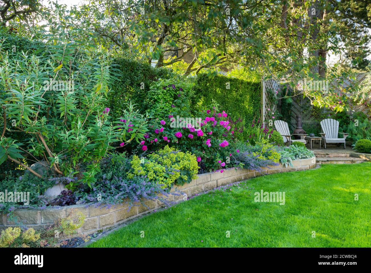 Landscaped sunny private garden (contemporary design, colourful summer flowers, border plants, patio furniture seating, lawn) - Yorkshire, England, UK Stock Photo