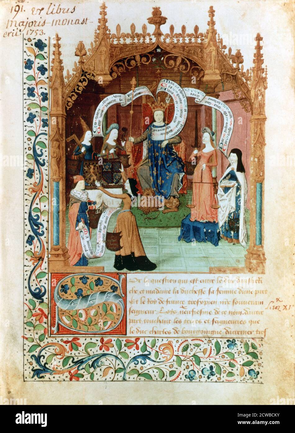 Louis XI, 15th century. Louis, with his feet on a lion, and the allegorical figures of Justice and Truth. From the collection of the Bibliotheque Nationale, Paris and the artist is unknown. Stock Photo
