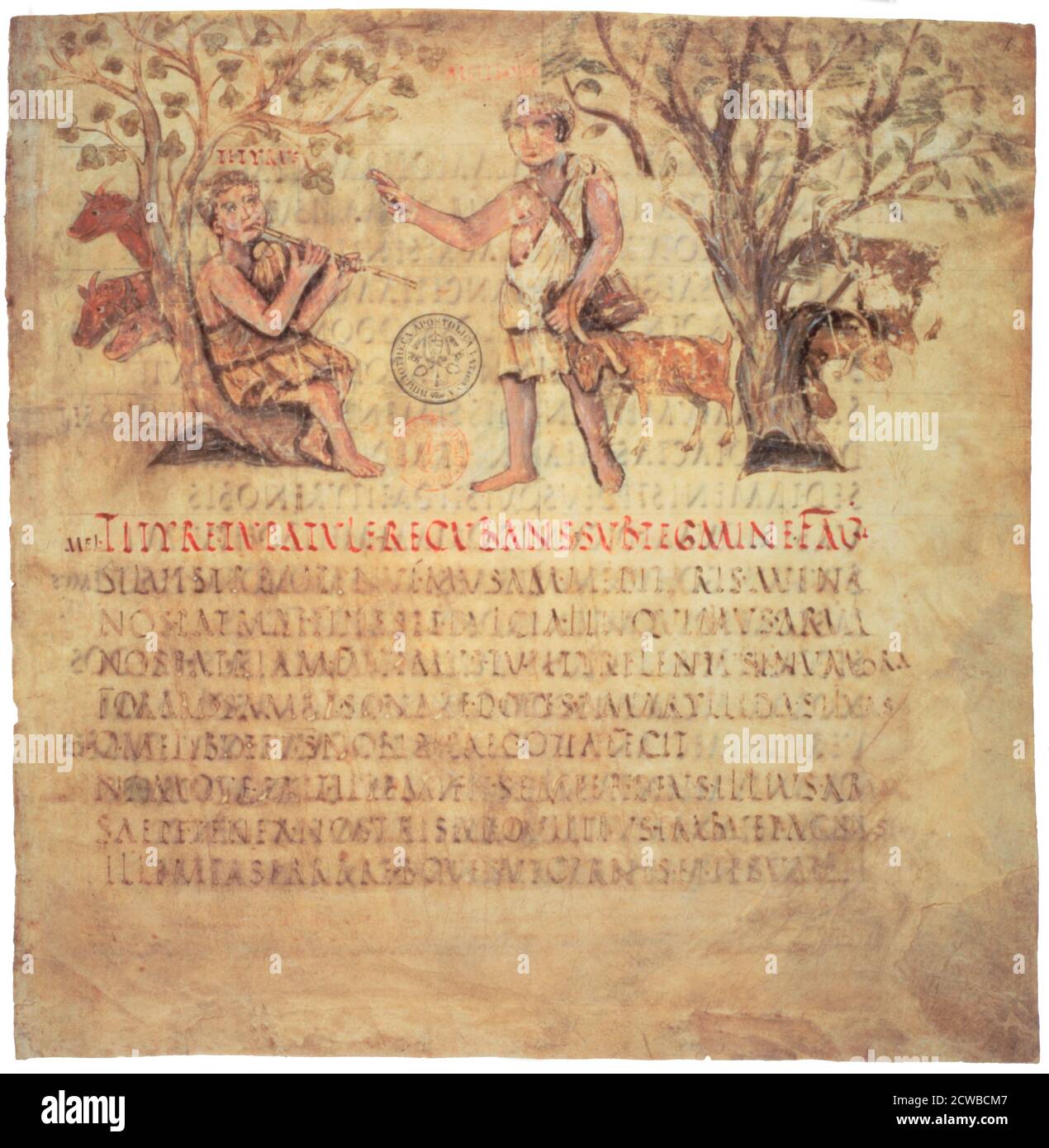 Tityrus playing the pipes, 5th century. The illustration from Vergil's Bucolics in the Codex Vergilius Romanus, collection of the Biblioteca Apostolica Vaticana, Vatican Library and the artist is unknown. Stock Photo