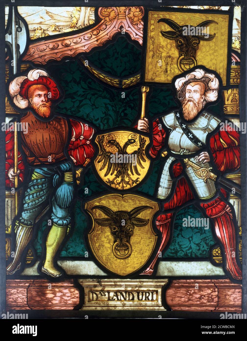 Two men with coats of arms, 16th century. Two Germans wearing slashed sleeves and parti-coloured hose, with heraldic crests. The artist is unknown. Stock Photo