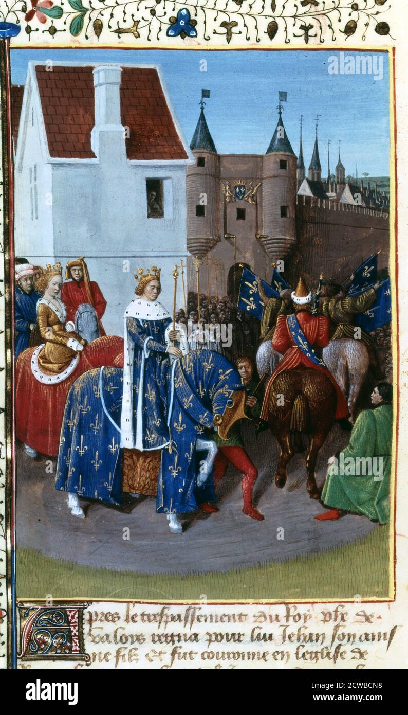 Entry of John II to Paris, 14th century, (1455-1460) by Jean Fouquet. John the Good was king of France from 1350-1364. Illustration from the Grandes Chroniques de France, in the collection of the Bibliotheque Nationale, Paris. Stock Photo