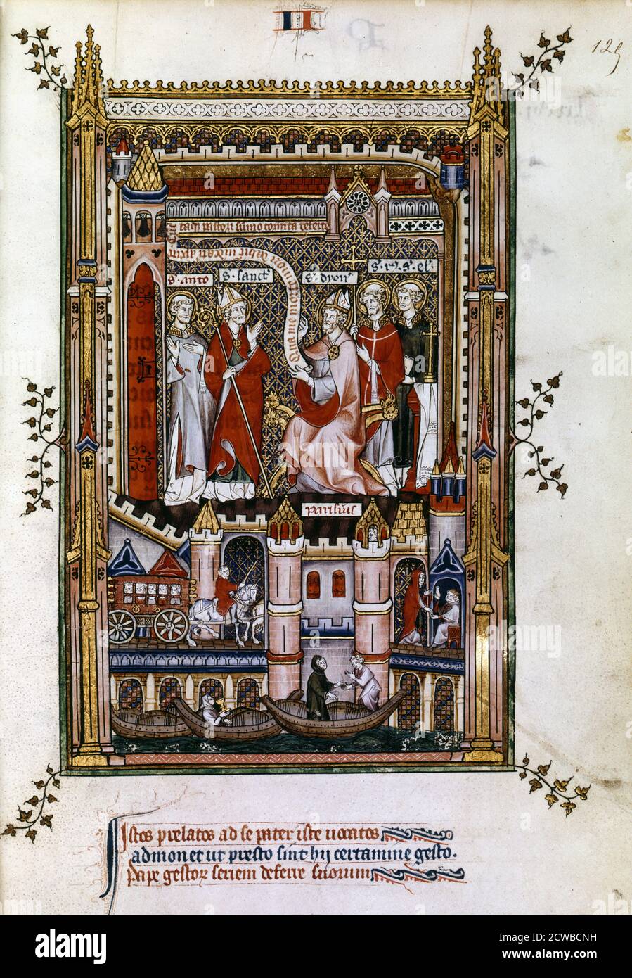 St Denis, 1317. St Denis, accompanied by St Rusticus and St Eleutherius, commissions St Saintin and St Antonin to write the story of his life. Manuscript illustration from a work on the life of St Denis (died c258 AD), written by Yves, a monk at the Abbey of St Denis. The book depicts the torture and martyrdom of the saint by the Roman governor Fescenninus Sisinnius. From the collection of the Bibliotheque Nationale, Paris. The artist is unknown. Stock Photo