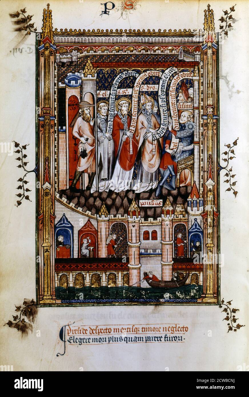 St Denis, St Rusticus and St Eleutherius taken by the gaoler to Sisinnius, 1317. Manuscript illustration from a work on the life of St Denis (died c258 AD), written by Yves, a monk at the Abbey of St Denis. The book depicts the torture and martyrdom of the saint by the Roman governor Fescenninus Sisinnius. From the collection of the Bibliotheque Nationale, Paris, the artist is unknown. Stock Photo