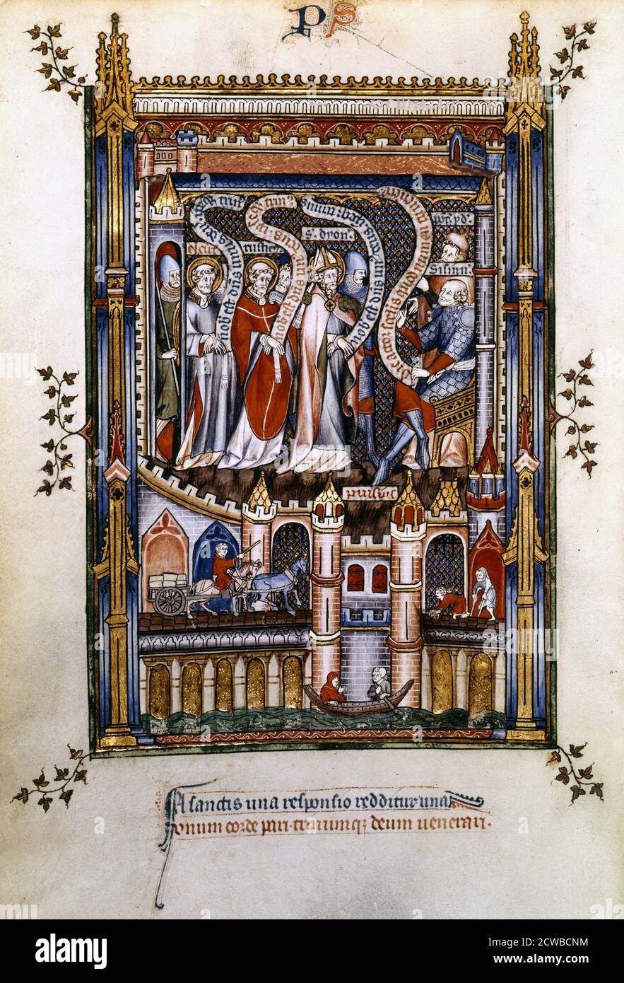 St Denis, St Rusticus and St Eleutherius before Sisinnius, attended by the High Priest, 1317. Manuscript illustration from a work on the life of St Denis (died c258 AD), written by Yves, a monk at the Abbey of St Denis. The book depicts the torture and martyrdom of the saint by the Roman governor Fescenninus Sisinnius. From the collection of the Bibliotheque Nationale, Paris, the artist is unknown. Stock Photo