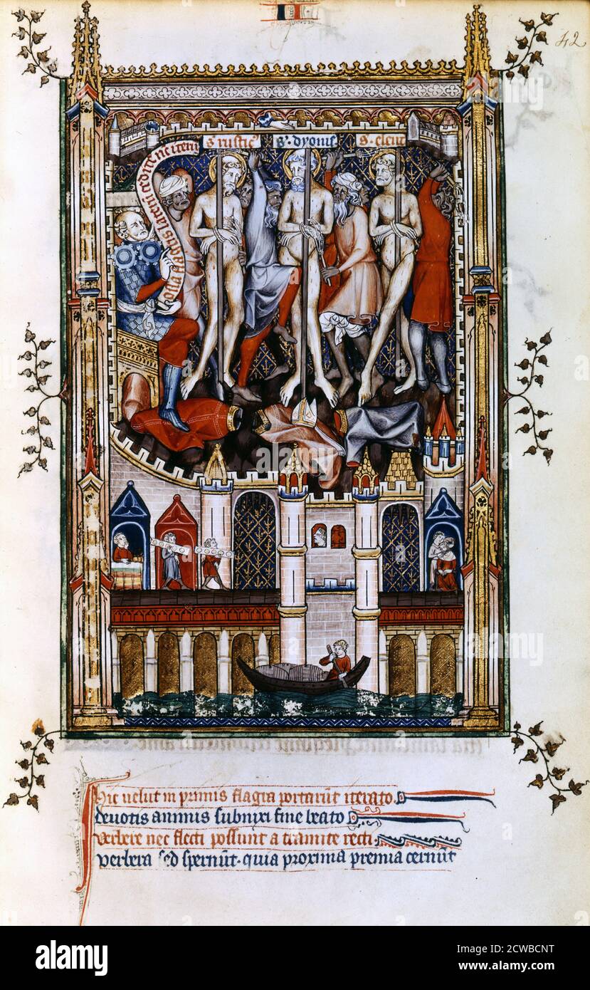 Flagellation of St Denis, St Rusticus and St Eleutherius, on the orders of Sisinnius, 1317. Manuscript illustration from a work on the life of St Denis (died c258 AD), written by Yves, a monk at the Abbey of St Denis. The book depicts the torture and martyrdom of the saint by the Roman governor Fescenninus Sisinnius. The lower scene depicts people on the bridge over the River Seine where this is a moneylender, street vendors, and a boat loaded with barrels. From the collection of the Bibliotheque Nationale, Paris. The artist is unknown. Stock Photo