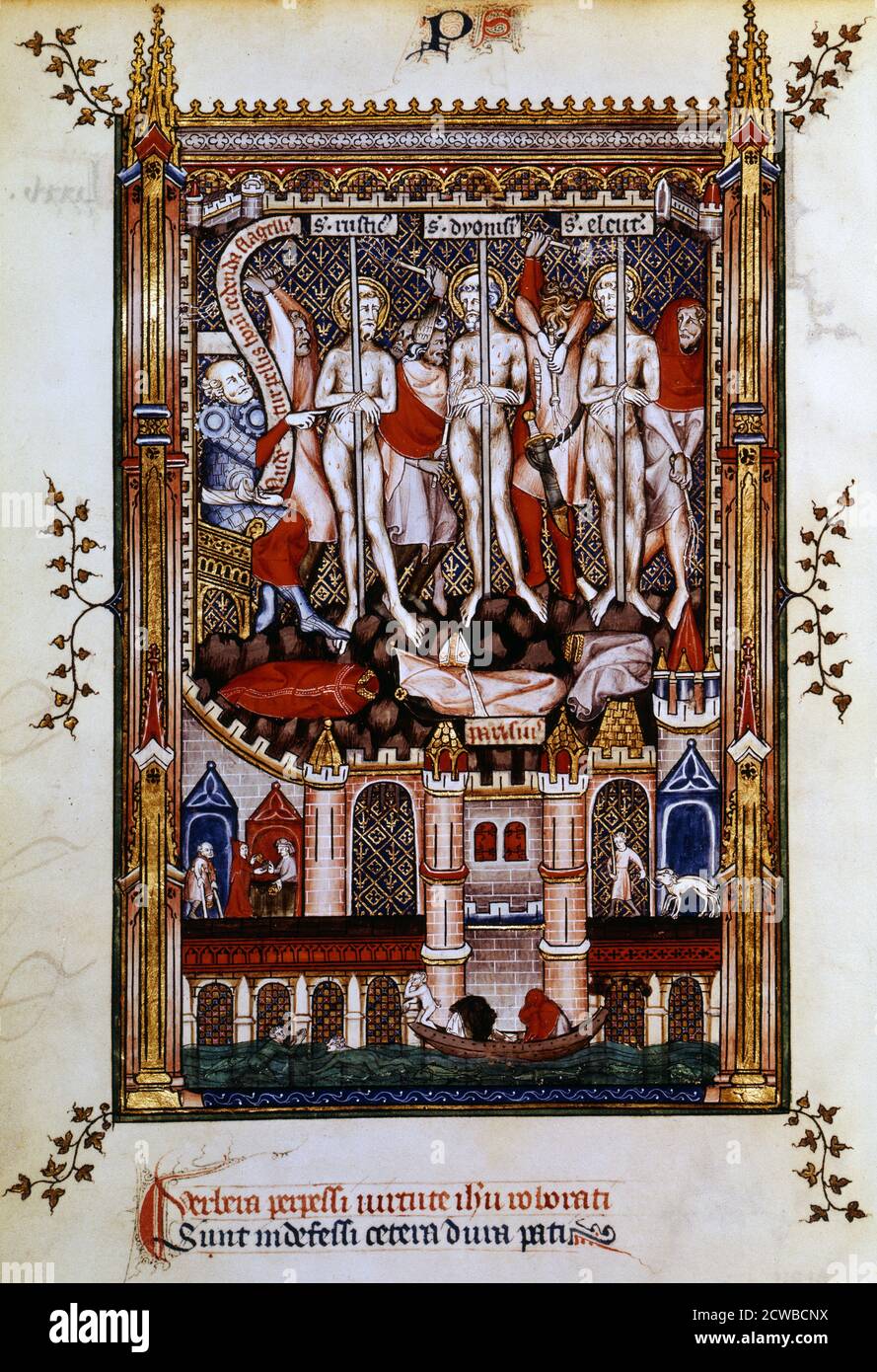 Flagellation of St Denis, St Rustic and St Eleutherius, on the orders of Sisinnius, 1317. Manuscript illustration from a work on the life of St Denis (died c258 AD), written by Yves, a monk at the Abbey of St Denis. The book depicts the torture and martyrdom of the saint by the Roman governor Fescenninus Sisinnius. From the collection of the Bibliotheque Nationale, Paris. The artist is unknown. Stock Photo