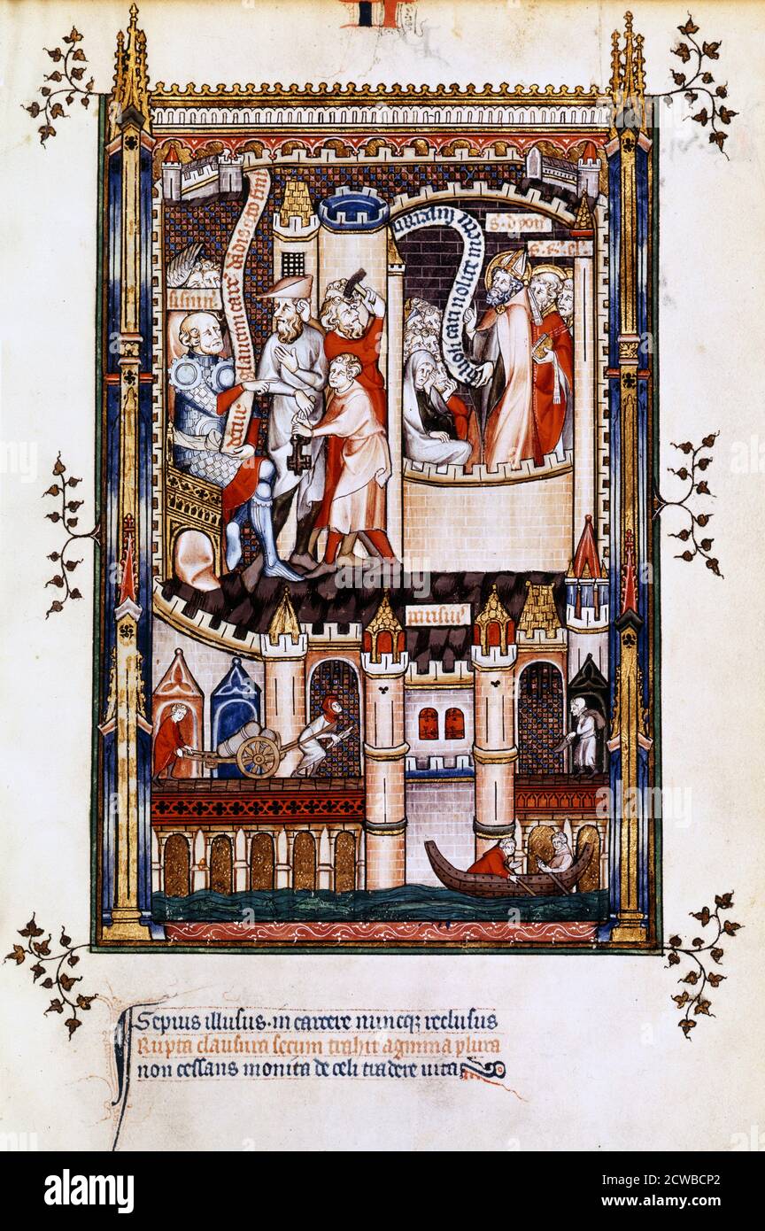 St Denis, St Rusticus and St Eleutherius in prison, 1317. Manuscript illustration from a work on the life of St Denis (died c258 AD), written by Yves, a monk at the Abbey of St Denis. The book depicts the torture and martyrdom of the saint by the Roman governor Fescenninus Sisinnius. From the collection of the Bibliotheque Nationale, Paris. The artist is unknown. Stock Photo