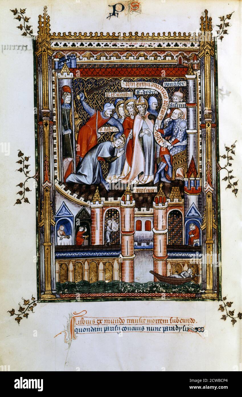 The martyrdom of Lisbius, 1317. St Denis, St Eleutherius and St Rusticus are forced to watch Lisbius being decaptitated on the orders of Sisinnius, attended by his high priest. Manuscript illustration from a work on the life of St Denis (died c258 AD), written by Yves, a monk at the Abbey of St Denis. The book depicts the torture and martyrdom of the saint by the Roman governor Fescenninus Sisinnius. The lower scene depicts people on the bridge over the River Seine showing a moneylender and an organist. From the collection of the Bibliotheque Nationale, Paris. The artist is unknown. Stock Photo