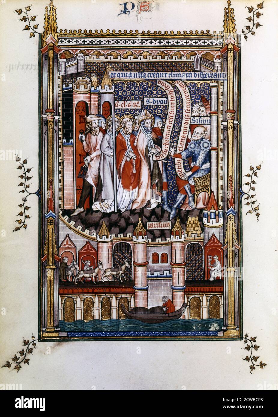 St Denis in chains before Sisinnius, 1317. St Denis, St Eleutherius and St Rusticus stand before Sisinnius in chains. Manuscript illustration from a work on the life of St Denis (died c258 AD), written by Yves, a monk at the Abbey of St Denis. The book depicts the torture and martyrdom of the saint by the Roman governor Fescenninus Sisinnius. The lower scene displays people on the bridge over the River Seine, showing a mule-driver with his animals, and a boat laden with barrels. From the collection of the Bibliotheque Nationale, Paris. The artist is unknown. Stock Photo