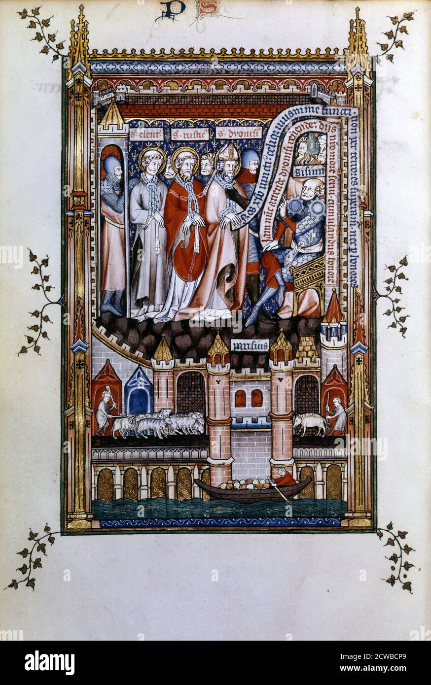 Sisinnius exhorts St Denis to renounce his faith, 1317. St Denis, St Eleutherius and St Rusticus, in chains, stand before Sisinnius who attempts to order them to repudiate Christianity. Manuscript illustration from a work on the life of St Denis (died c258 AD), written by Yves, a monk at the Abbey of St Denis. The book depicts the torture and martyrdom of the saint by the Roman governor Fescenninus Sisinnius. The lower scene depicts people on the bridge over the River Seine; showing a shepherd with his sheep, and a swineherd with hogs. From the collection of the Bibliotheque Nationale, Paris. Stock Photo