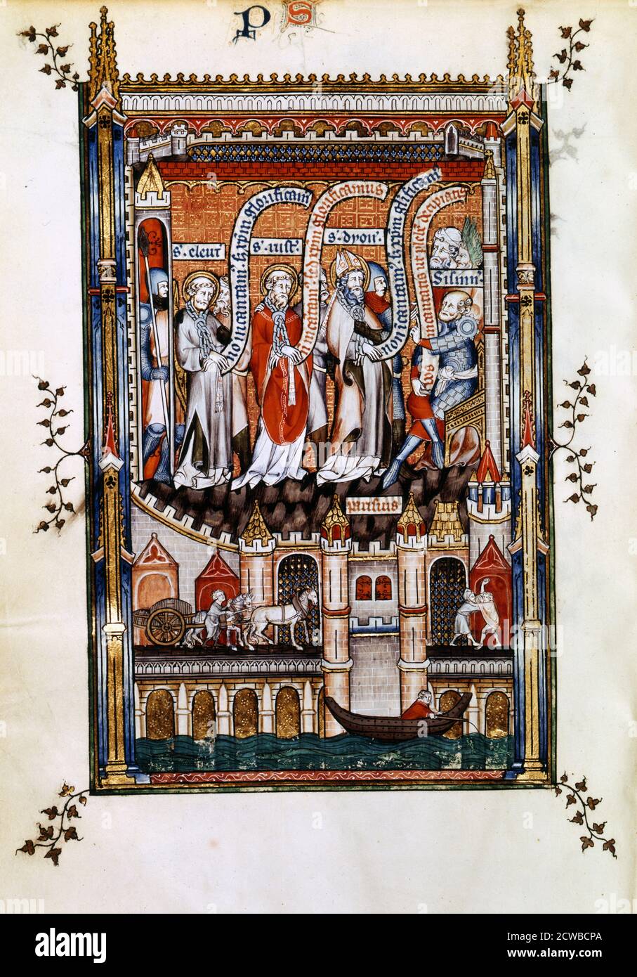 St Denis before Sissinius, 1317. The saint and his companions St Eleutherius and St Rusticus, are brought before Sisinnius in chains. Manuscript illustration from a work on the life of St Denis (died c258 AD), written by Yves, a monk at the Abbey of St Denis. The book depicts the torture and martyrdom of the saint by the Roman governor Fescenninus Sisinnius. The lower scene depicts people on the bridge over the River Seine; showing a cart loaded with barrels, two men fighting, and a man fishing with a rod. From the collection of the Bibliotheque Nationale, Paris. The artist is unknown. Stock Photo