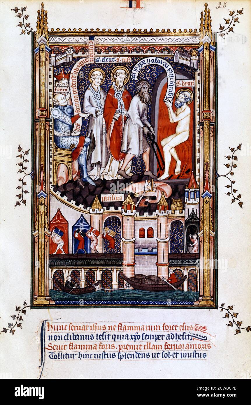St Denis is thrown into the furnace, 1317. St Eleutherius and St Rusticus, in chains, look on as St Denis is tortured on the orders of Sisinnius. Manuscript illustration from a work on the life of St Denis (died c258 AD), written by Yves, a monk at the Abbey of St Denis. The book depicts the torture and martyrdom of the saint by the Roman governor Fescenninus Sisinnius. The lower scene depicts people on the bridge over the River Seine where porters carry loads, and a boat full of barrels being towed. From the collection of the Bibliotheque Nationale, Paris. The artist is unknown. Stock Photo