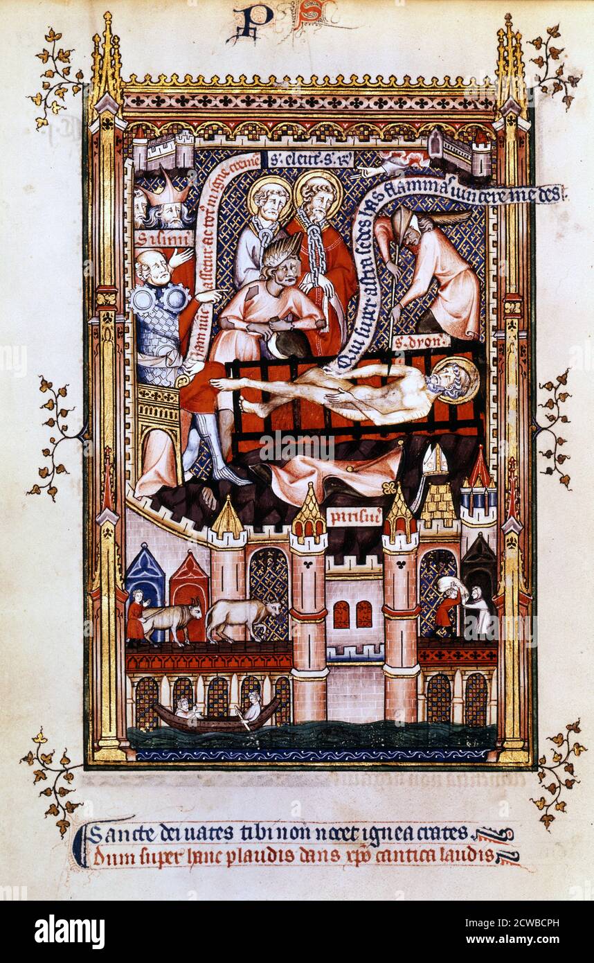 The martyrdom of St Denis, 1317. On the orders of Sisinnius, St Denis is martyred on a brazier, watched by St Eleutherius and St Rusticus. Manuscript illustration from a work on the life of St Denis (died c258 AD), written by Yves, a monk at the Abbey of St Denis. The book depicts the torture and martyrdom of the saint by the Roman governor Fescenninus Sisinnius. The lower scene depicts people on the bridge over the River Seine, showing a cowman and his cattle, and a miller carrying a sack of flour. From the collection of the Bibliotheque Nationale, Paris. The artist is unknown. Stock Photo