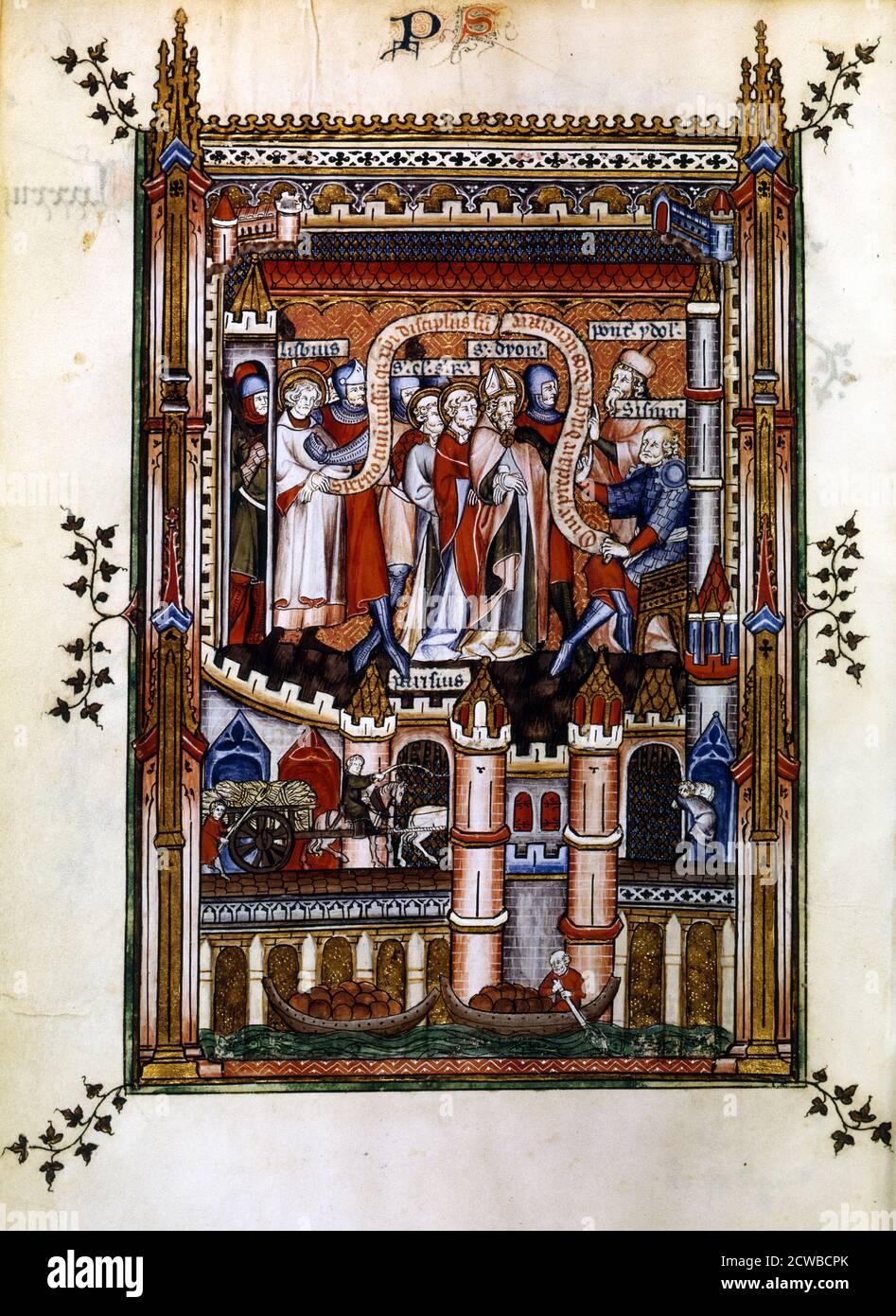 Lisbius proclaims himself a disciple of Christ, 1317. Lisbius declares his faith before St Denis, St Eleutherius and St Rusticus, in the presence of Sisinnius and his high priest. Manuscript illustration from a work on the life of St Denis (died c258 AD), written by Yves, a monk at the Abbey of St Denis. The book depicts the torture and martyrdom of the saint by the Roman governor Fescenninus Sisinnius. The lower scene depicts people on the bridge over the River Seine; showing a cart laden with sheaves of corn, a porter a boat laden with goods. From the collection of the Bibliotheque Nationale Stock Photo