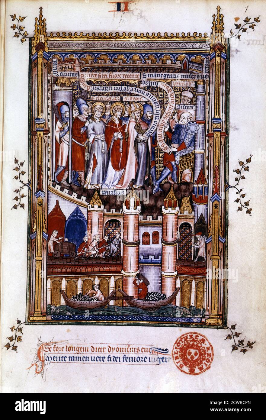 St Denis before Sisinnius, 1317. St Denis, St Eleutherius and St Rusticus are taken before Sisinnius, attended by his high priest. Manuscript illustration from a work on the life of St Denis (died c258 AD), written by Yves, a monk at the Abbey of St Denis. The book depicts the torture and martyrdom of the saint by the Roman governor Fescenninus Sisinnius. The lower scene depicts people on the bridge over the River Seine; showing four men pulling a barrel on wheels, a pilgrim, and a boat laden with coal. From the collection of the Bibliotheque Nationale, Paris. The artist is unknown. Stock Photo