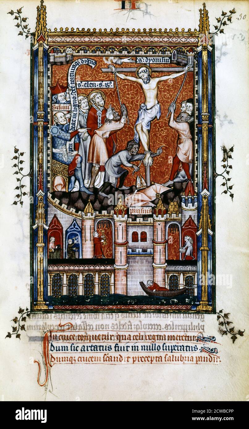 The Crucifixion of St Denis, 1317. St Eleutherius and St Rusticus look on as St Denis is crucified on the orders of Sisinnius. Manuscript illustration from a work on the life of St Denis (died c258 AD), written by Yves, a monk at the Abbey of St Denis. The book depicts the torture and martyrdom of the saint by the Roman governor Fescenninus Sisinnius. The lower scene depicts people on the bridge over the River Seine. From the collection of the Bibliotheque Nationale, Paris. The artist is unknown. Stock Photo