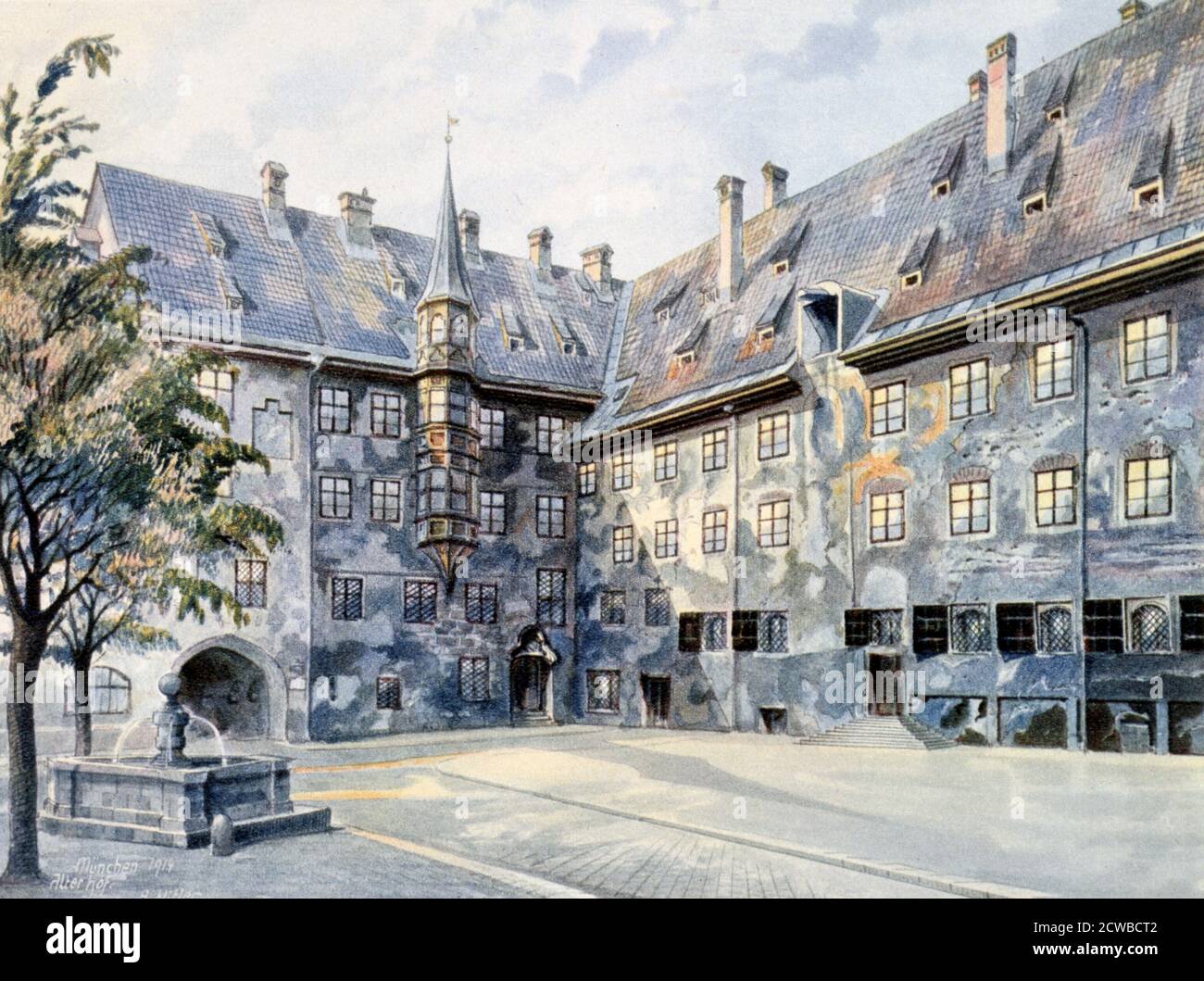 Adlof Hitler's painting titled 'The Courtyard of the Old Residenz in Munich', 1914. Hitler often claimed to be a frustrated artist. He produced many paintings, predominantly landscapes, postcard scenes and urban views, and there was a considerable market for his work during the Third Reich. This example of his work was reproduced in a coffee table book about Hitler published during the Third Reich, millions of copies of which were printed. By 1938, Hitler had decided to prohibit reproductions of his paintings. Stock Photo