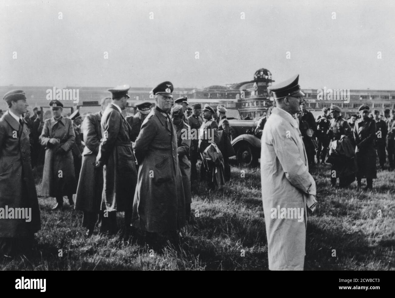 Adolf Hitler inspecting the captured Le Bourget airfield, Paris, France, 23 June 1940. Hitler's senior general, Wilhelm Keitel, is pictured behind him. The photographer is unknown. Stock Photo