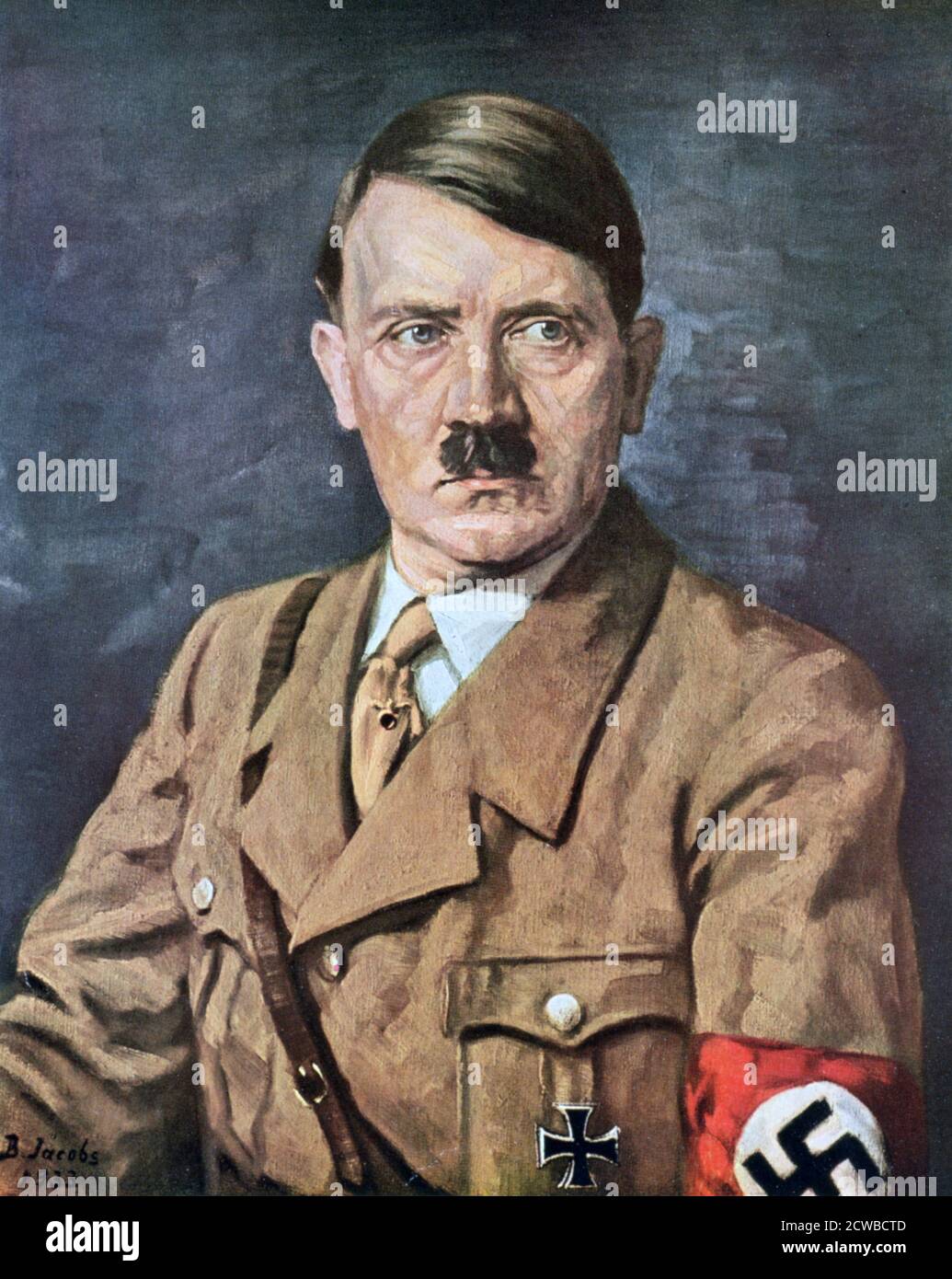 Adolf Hitler', 1933 by B von Jacobs. German Nazi leader. Adolf Hitler (1889-1945) became leader of the National Socialist German Workers (Nazi) party in 1921. After an unsuccessful coup attempt in Munich in 1923, Hitler was imprisoned. He set about pursuing power by democratic means. His nationalistic and anti-semitic message quickly gained support after Germany was humiliated by defeat in World War I and the harsh terms of the Treaty of Versailles and, from the late 1920s, suffering from economic collapse. Hitler came to power in 1933, and persuaded the Reichstag (parliament) to grant him dic Stock Photo