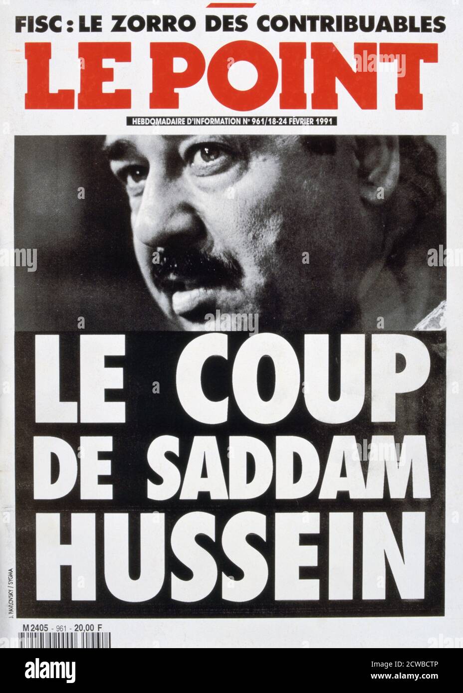 Front cover of Le Point, Febuary 1991. The artist is unknown. Le Point is a French weekly news magazine. The cover shows Iraqi dictator Saddam Hussein at the time of the First Gulf War. Rights information: Cleared for Editorial Use Only. Please Contact Us For Any Other Clearance Rights. Stock Photo
