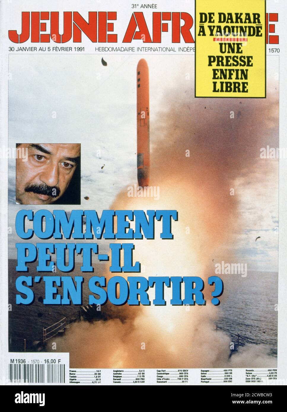 Front cover of Jeune Afrique, 1991, a newsweekly published in Paris, founded by Bechir Ben Yahmed in Tunis on the October 17th 1960. The cover shows Iraqi dictator Saddam Hussein and an American cruise missile as Iraq came under US bombardment in the First Gulf War in retaliation for Saddam's invasion of Kuwait. Rights information: Cleared for Editorial Use Only. Please Contact Us For Any Other Clearance Rights. Stock Photo