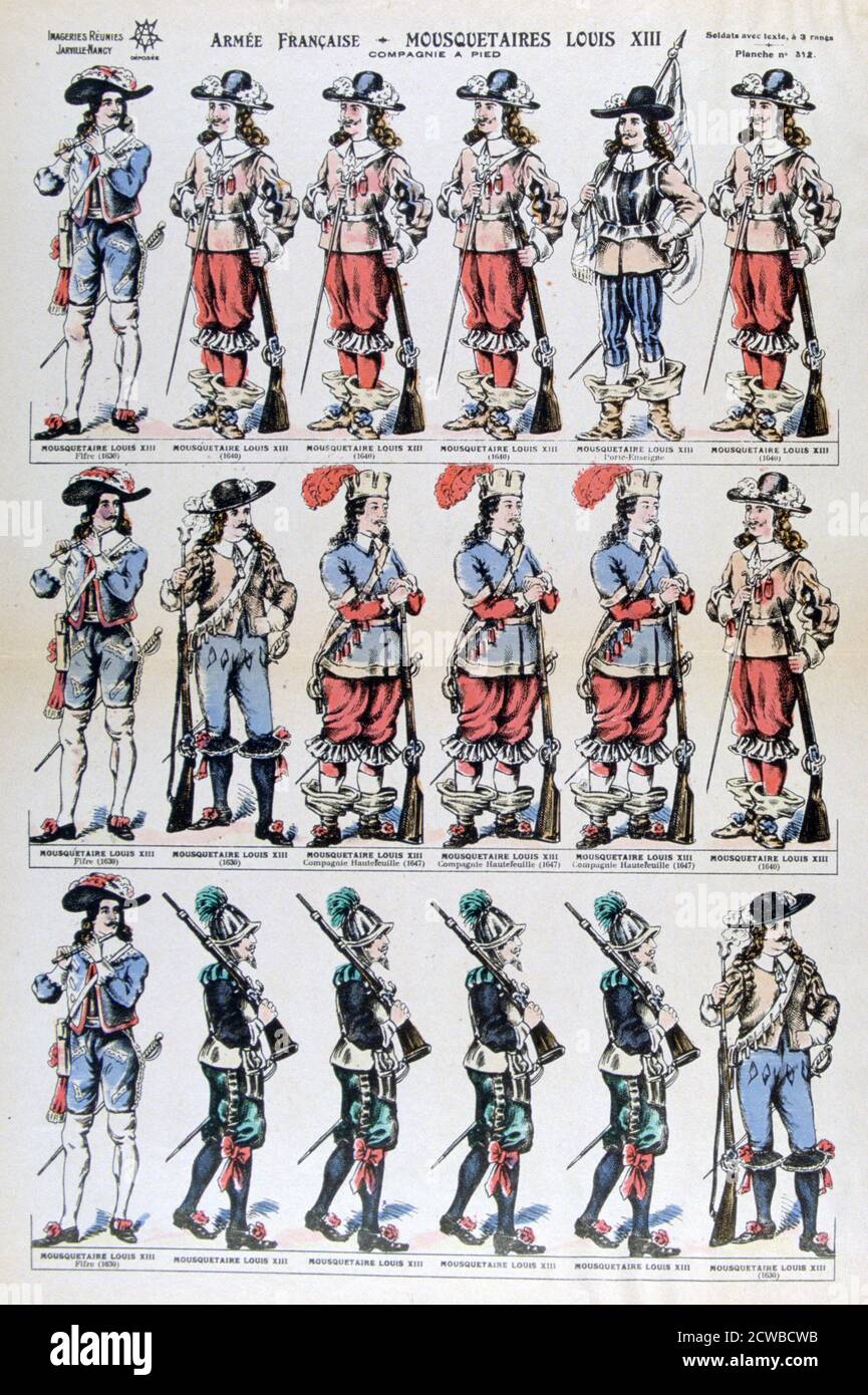 French Army; musketeers of Louis XIII, 17th century (19th century). French foot soldiers. A print from Imageries Reunies Jarville-Nancy, 19th century. The artist is unknown. Stock Photo