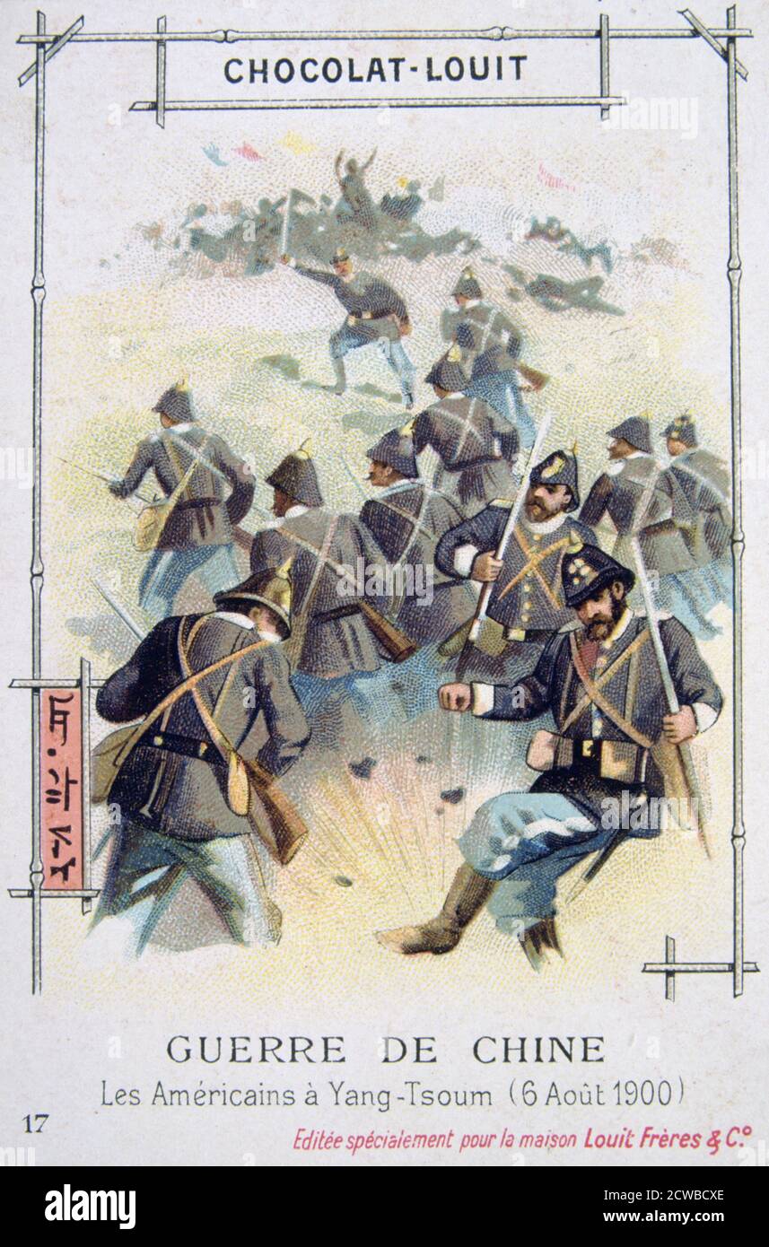 American Army at Yang-Tsoum, China, Boxer Rebellion, 6 August 1900. The Boxer Uprising or Boxer Rebellion was a Chinese rebellion from November 1899 to September 7, 1901 against foreign influence in trade, politics, religion and technology in China during the final years of the Qing Dynasty. The assassination of the German ambassador and the siege of foreign diplomatic legations in Peking prompted Britain, France, Germany, the US, Russia, Japan, Italy and Austria-Hungary to form the Eight Nation Alliance and intervene militarily. French trading card advertising Chocolat-Louit. The artist is un Stock Photo