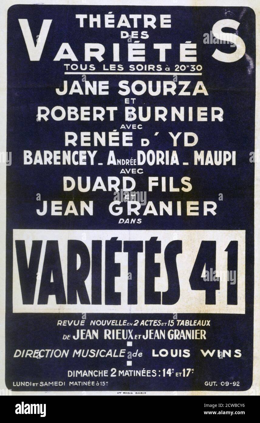 Poster advertising 'Varietes 41' variety show, France, 1941. Topping the bill are Jane Sourza and Robert Burnier. The artist is unknown. Stock Photo
