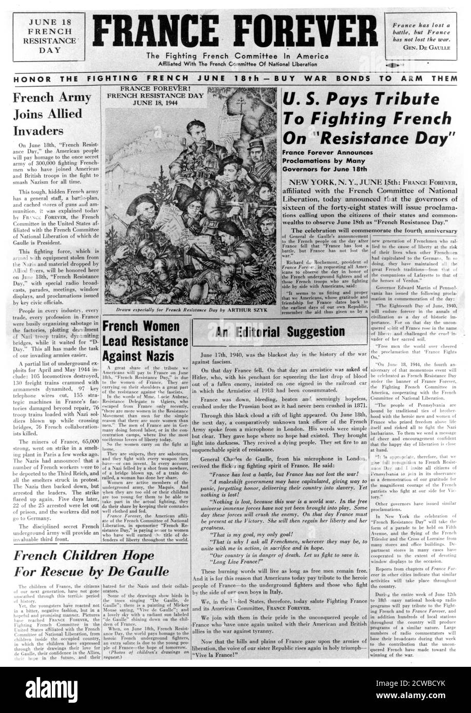 France Forever, newspaper, 18 June 1944. Front cover of a paper published by the Fighting French Committee in America. It declares the 18 June 1944 to be 'French Resistance Day' in honour of the members of the French Resistance who joined the Allied invasion forces in the liberation of France four years and a day after the country capitulated to the Nazis. Stock Photo