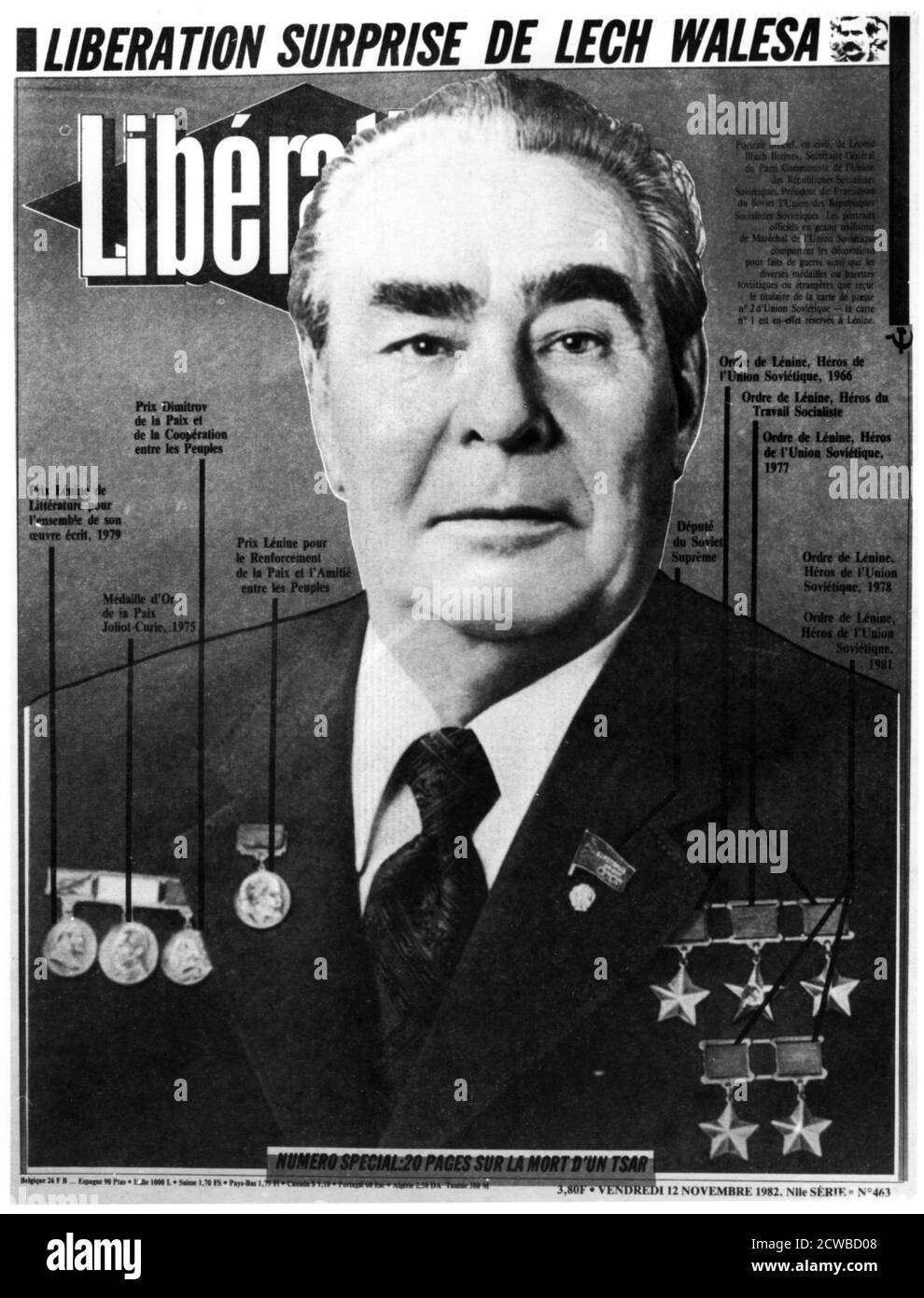 Leonid Brezhnev, Soviet leader, pictured on the cover of Liberation, 1982, the day after his death. Brezhnev (1907-1982) was General Secretary of the Communist Party of the Soviet Union and effective ruler of the USSR from 1964 until his death in 1982. The photographer is unknown. Stock Photo