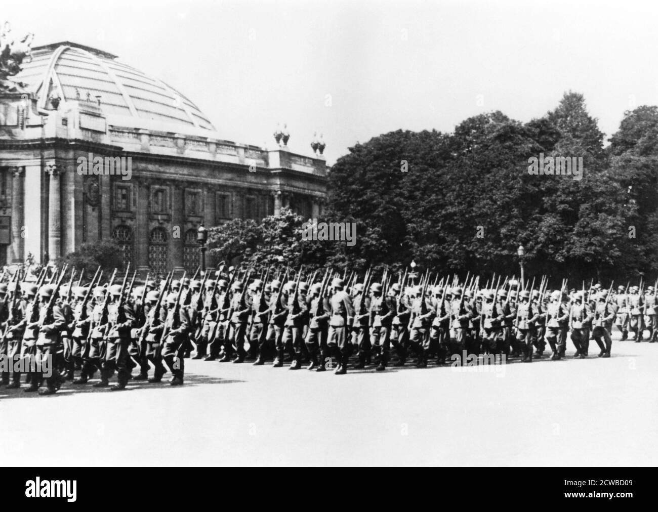 German troops parading before the German commandant of Paris, General Ernst von Schaumburg, 8 July 1941. The photographer is unknown. Stock Photo