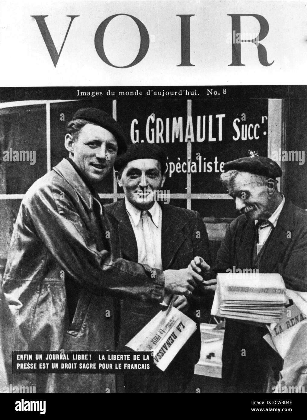 Cover of Voir magazine, 1944. Edition of an American-published French language magazine celebrating the return of freedom of the press for the people of France with the end of the Nazi occupation. The photographer is unknown. Rights information: Cleared for Editorial Use Only. Please Contact Us For Any Other Clearance Rights. Stock Photo