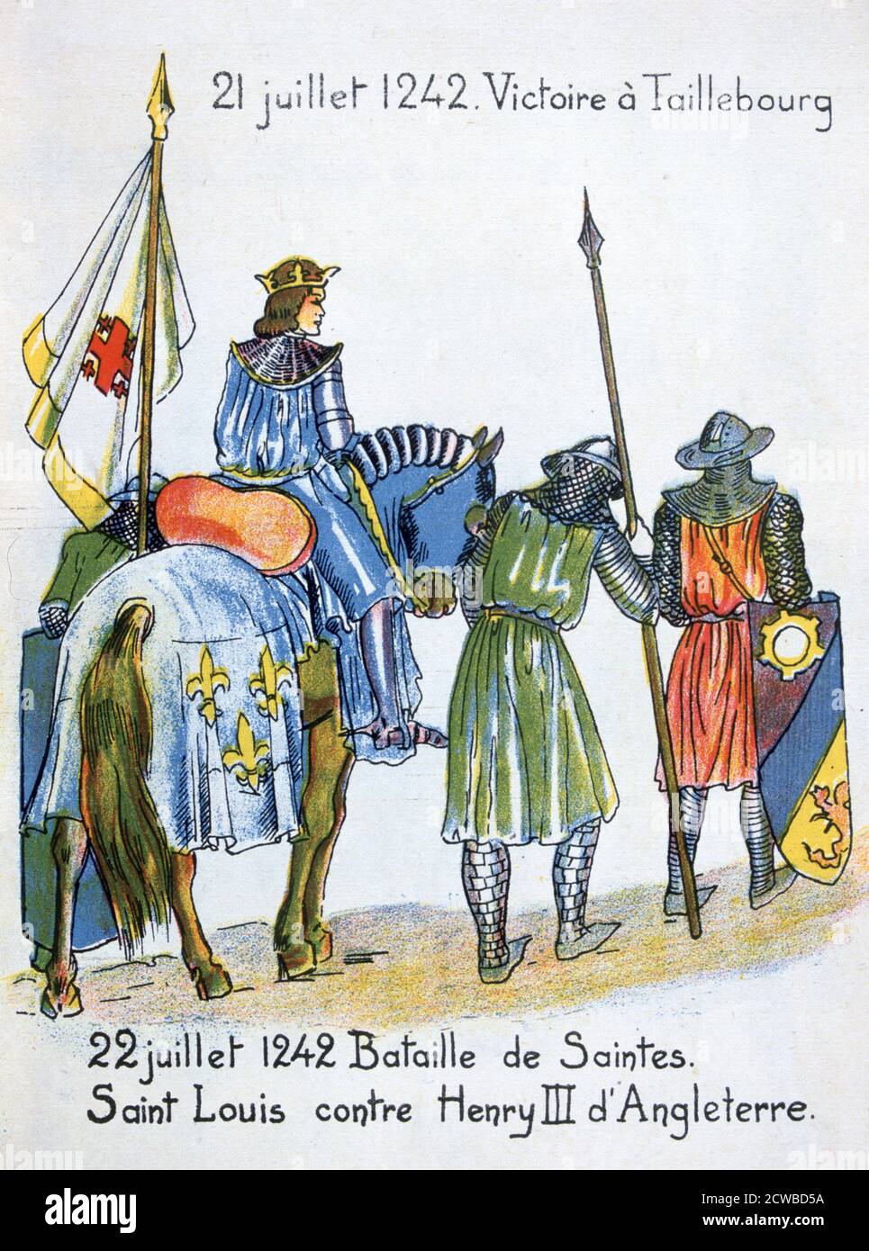 Battles of Taillebourg and Saintes, France, 21 and 22 July 1242, (20th century). Louis IX of France defeated Henry III at Taillebourg, and was again victorious over the English under the command of Hugh de Lusignan at Saintes. The two battles are known as the Saintonge War. From an anti-British brochure titled Who has been the enemy of France through History? The artist is unknown. Stock Photo