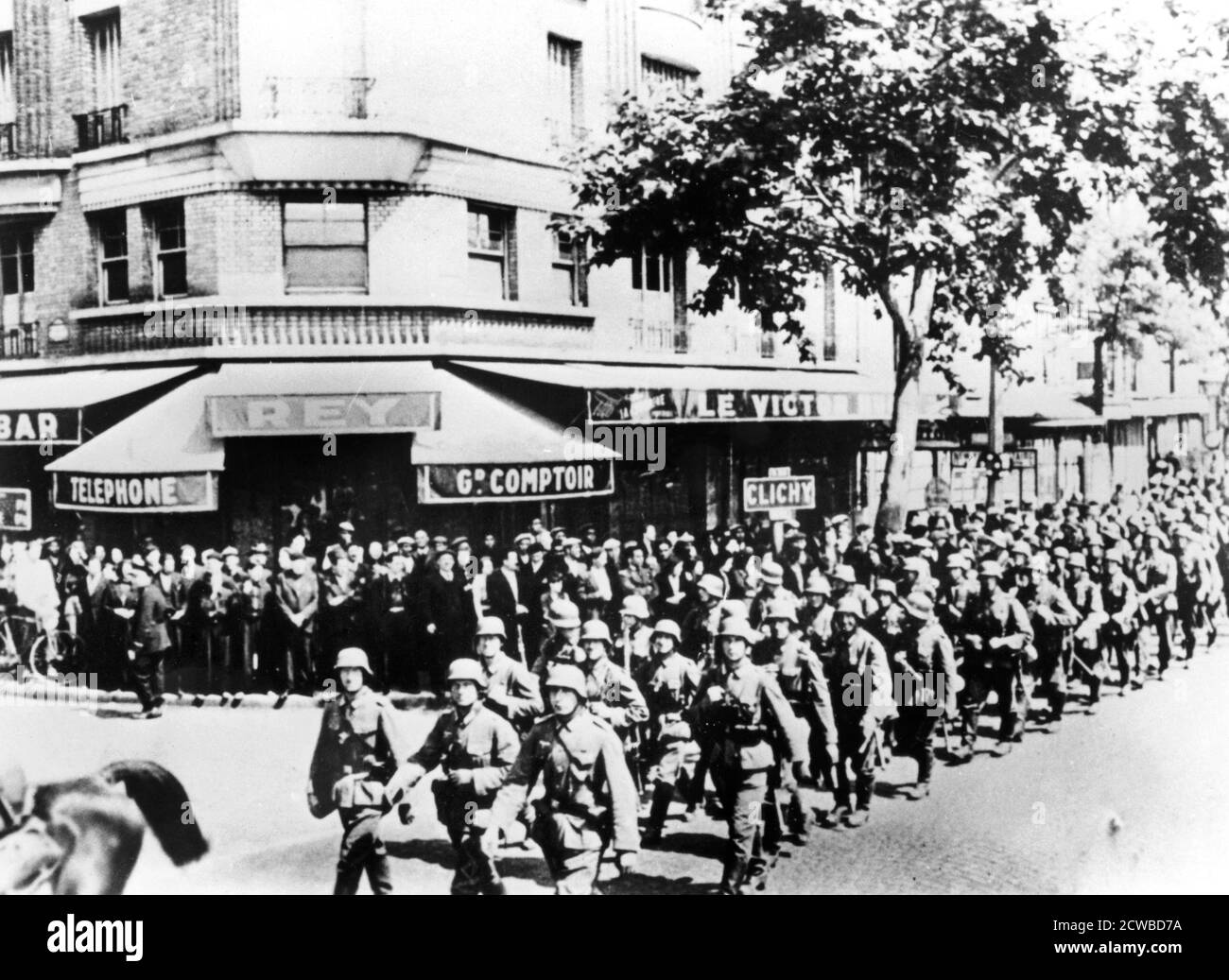 Arrival of the first German troops in Paris, June 1940. The Germans entered Paris, which had been declared an open city by the departing French government, on 14 June, at the start of a four year occupation. The photographer is unknown. Stock Photo