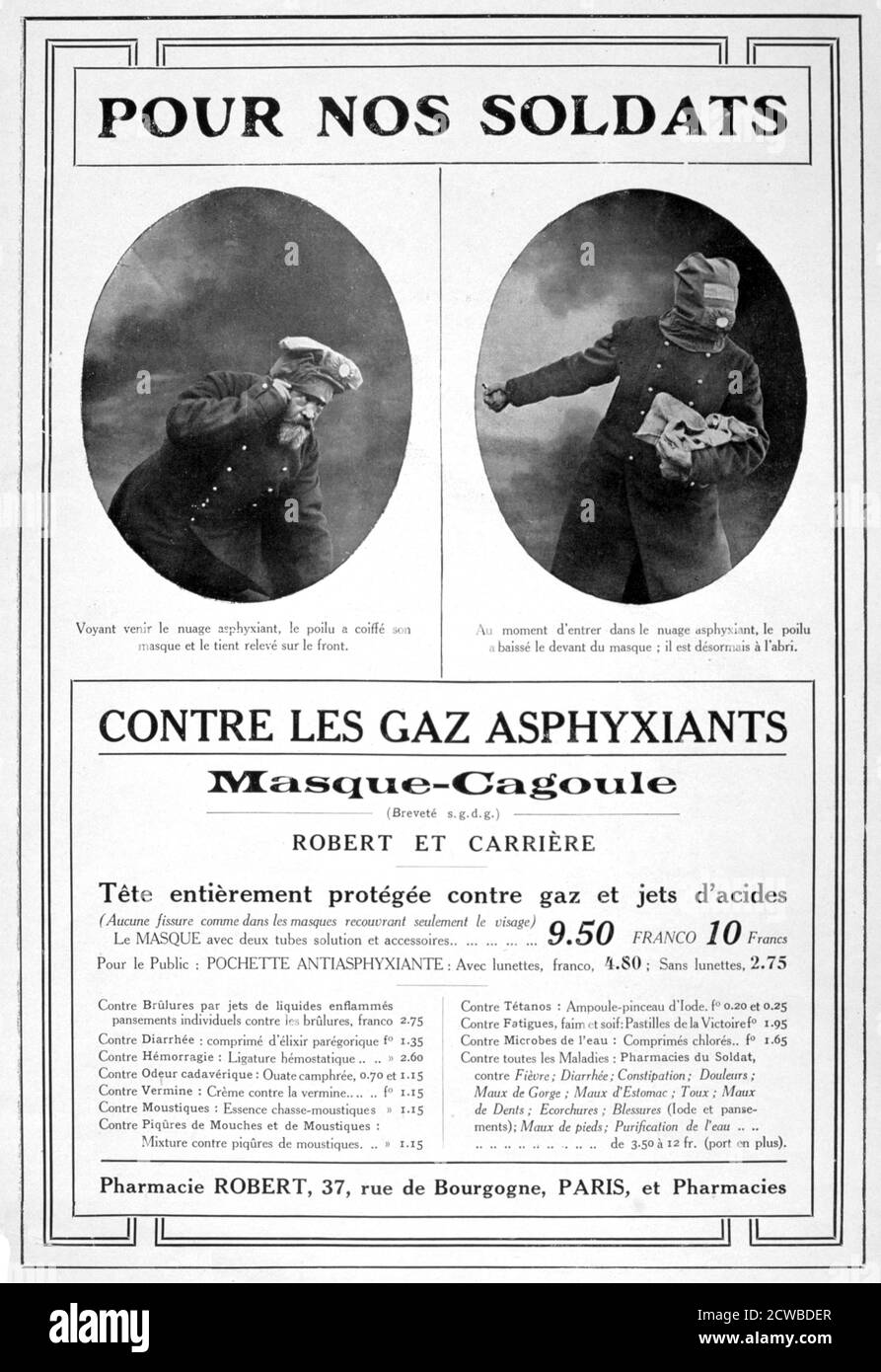 Masque cagoule (Gas mask) advertisement, 1915. A print from 'Le Flambeau' (the Torch), 18th September 1915. The artist is unknown. Stock Photo