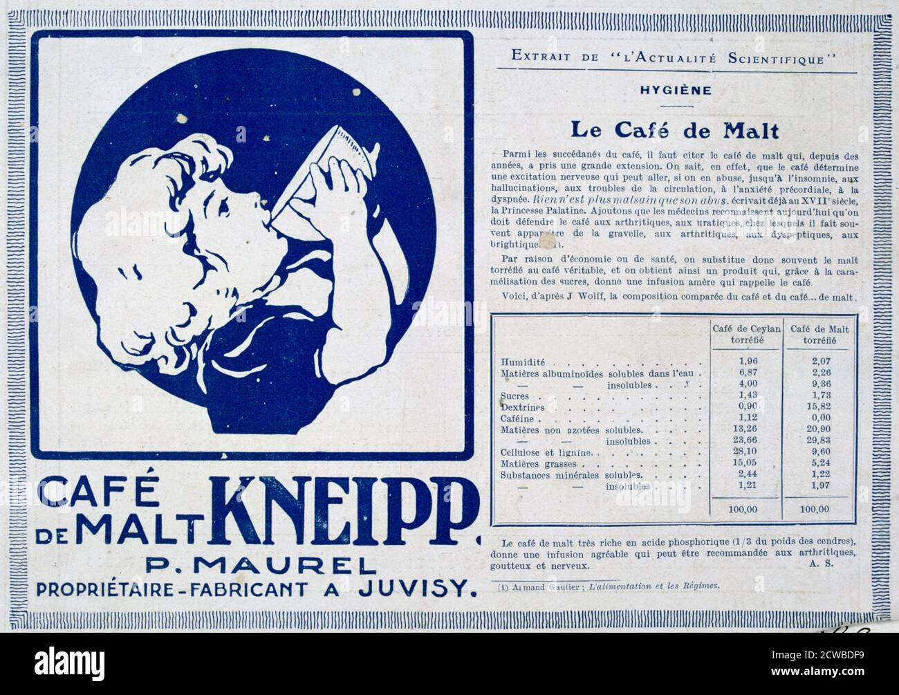 Kneipp Cafe de Malt, advertisment, 1915. A print from 'Le Flambeau' (the Torch), 18th September 1915. The artist is unknown. Stock Photo