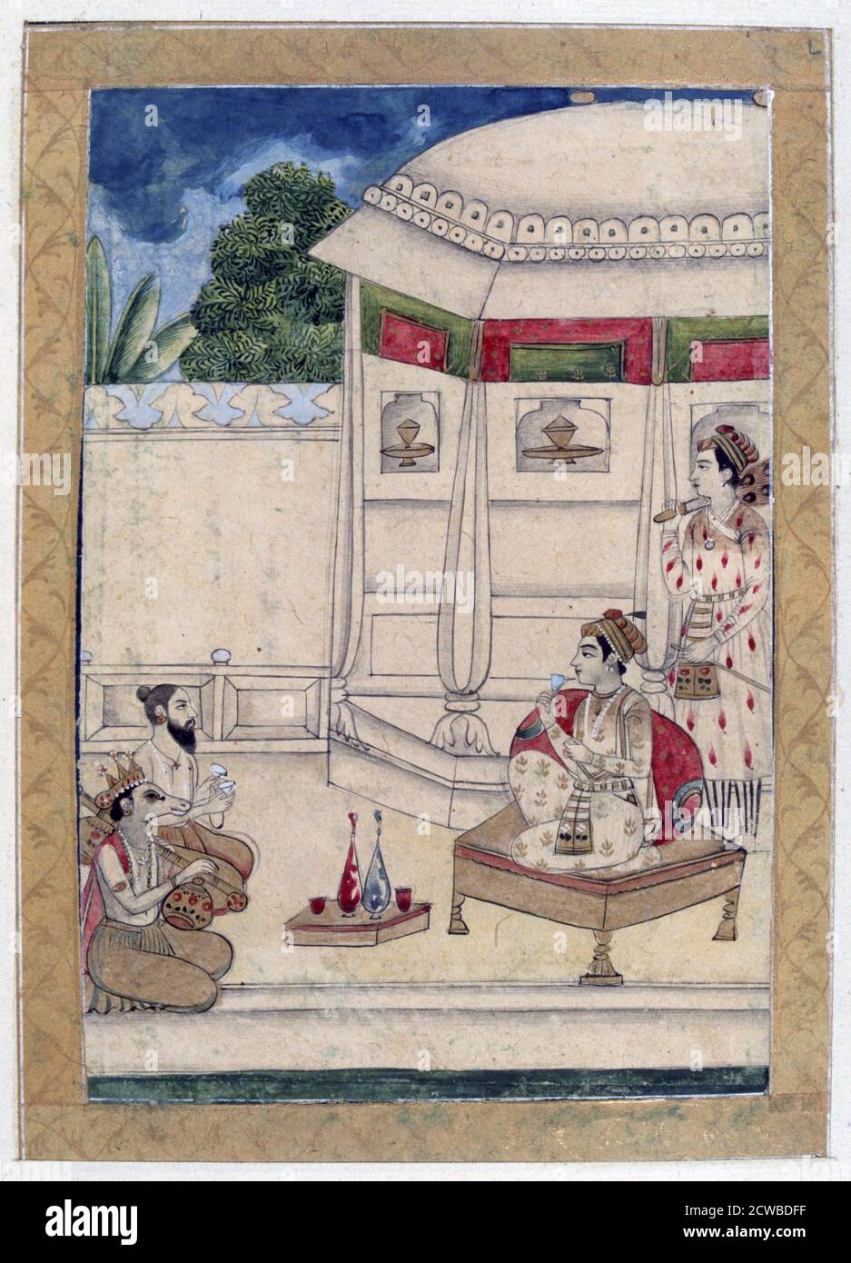 Sri Raga, Ragamala Album, School of Rajasthan, 19th century. A prince sitting on the terrace of a house where Narada and Kinnara are playing music. Narada or Narada Muni is a divine sage from the Hindu tradition. In Buddhist mythology and Hindu mythology. The artist is unknown. Stock Photo