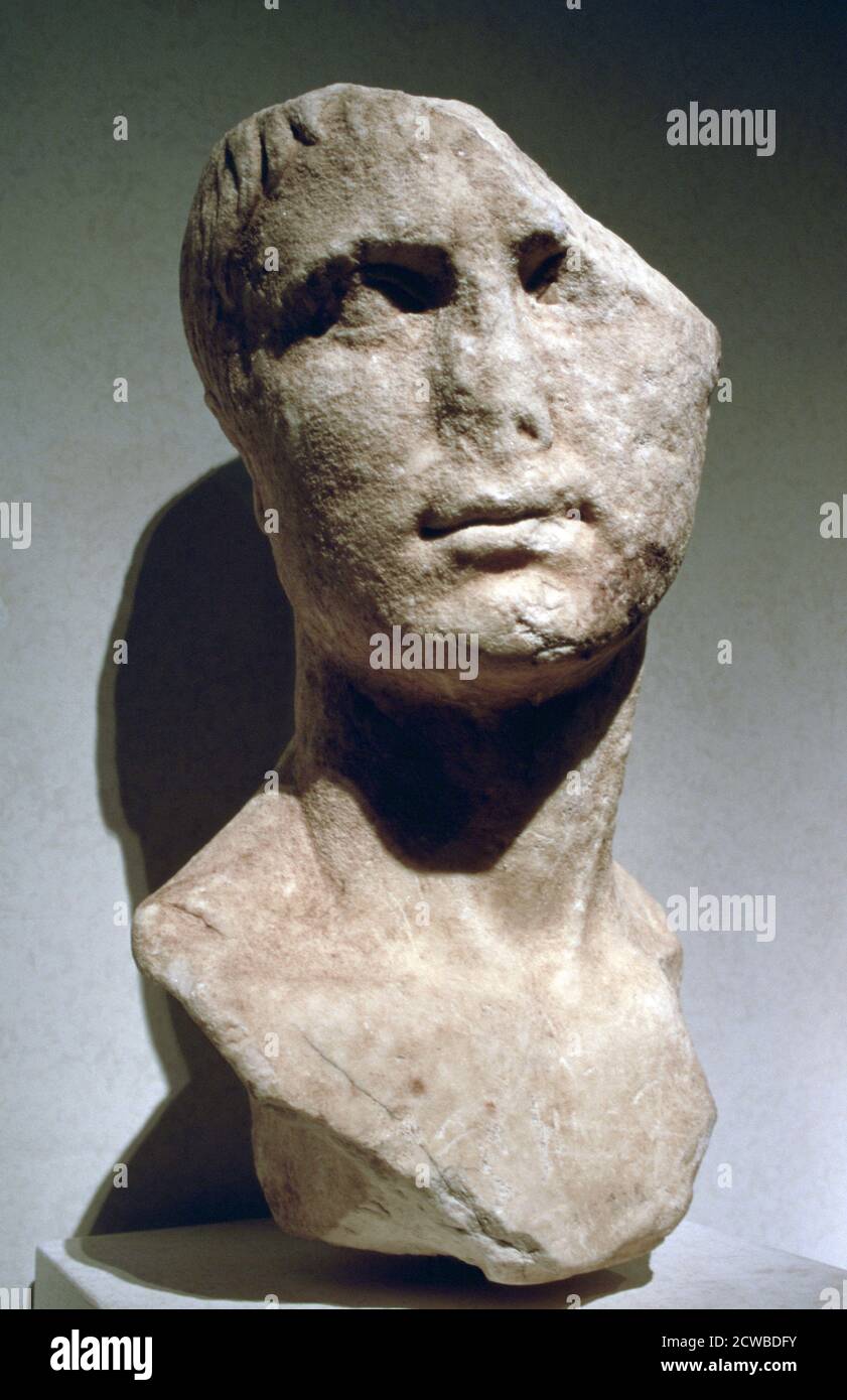 Roman bust, possibly of Agrippa. Marcus Vipsanius Agrippa (63-12 BC), Roman statesman and naval and military commander. Agrippa was a friend, son-in-law, and deputy of the Emperor Augustus. He won naval victories at Mylae and Naulochus (36 BC) and over Antony and Cleopatra at Actium in 31 BC. He later served the empire as Governor of Syria. The artist is unknown. Stock Photo