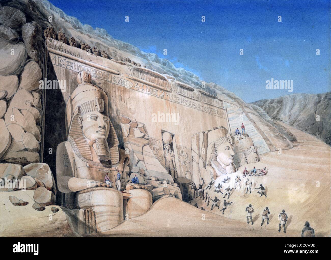 Excavation of the Great Temple of Ramesses II, Abu Simbel', 1819. Louis Maurice Adolphe Linant de Bellefonds better known as Linant Pasha (1799-1883) was an explorer of Egypt and chief engineer of the Suez Canal. Found in the collection of the Victoria & Albert Museum, London. By the French artist Louis M. A. Linant de Bellefonds. Stock Photo