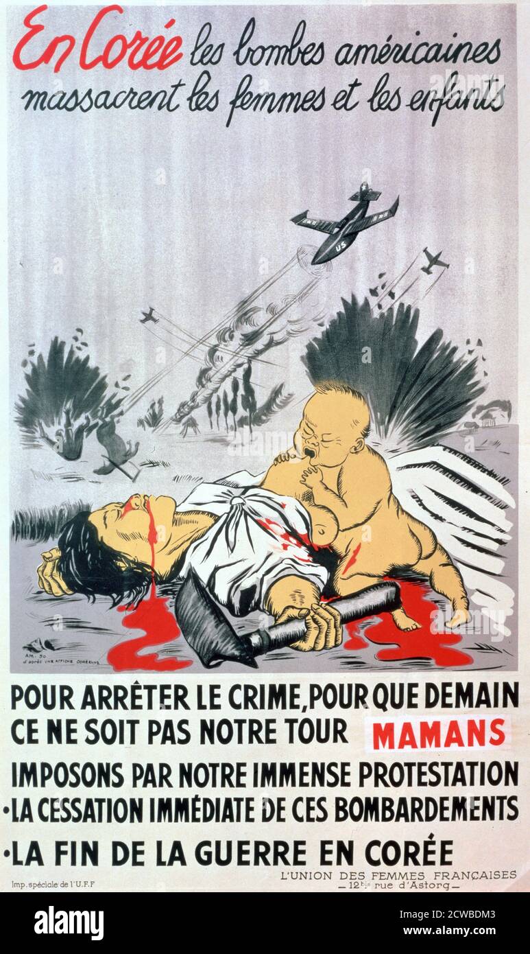 French anti Korean war poster, 1950. Supported by the Union of French Women. The artist is unknown. Strictly for Editorial use only. Stock Photo