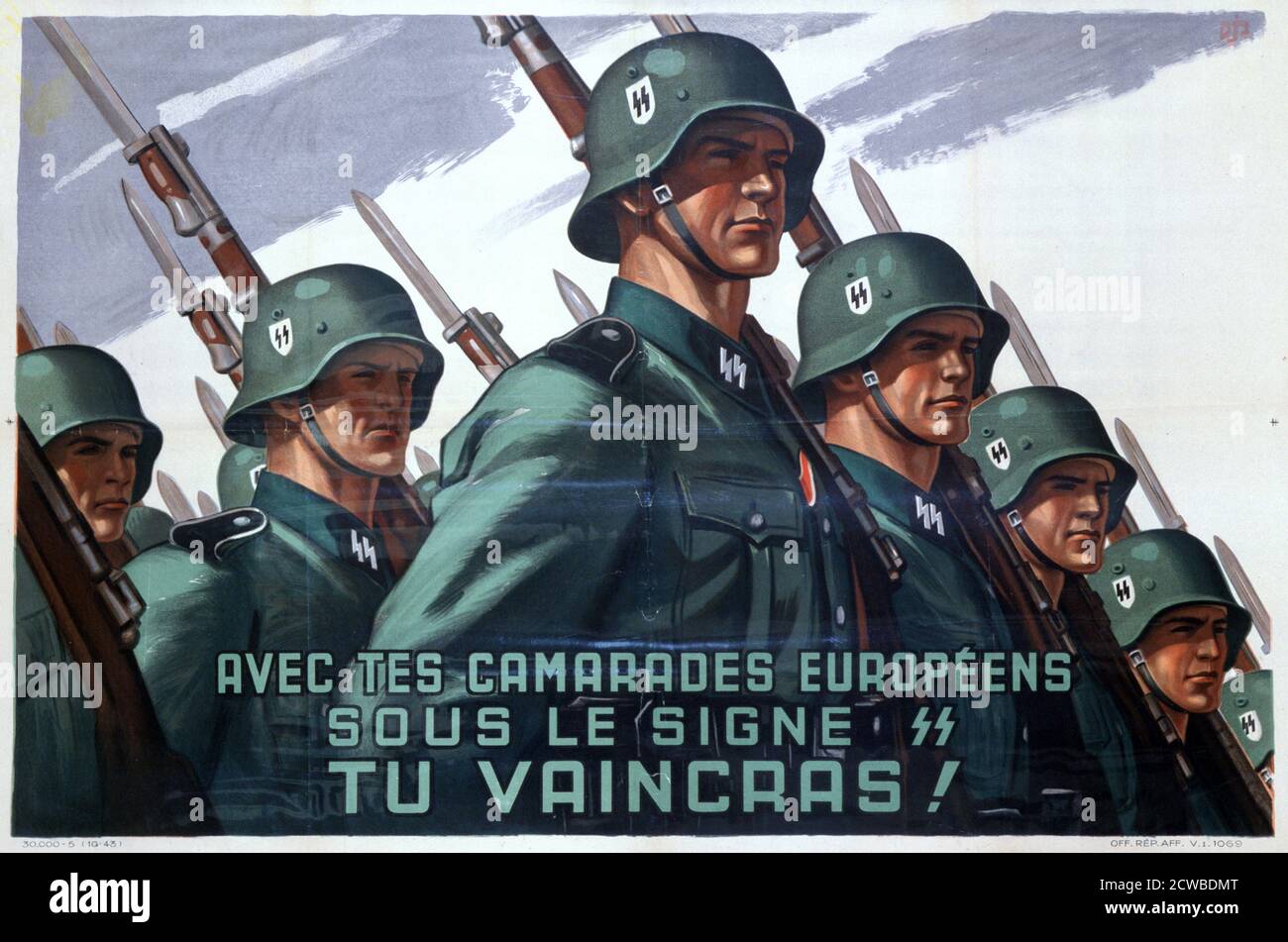 French recruitment poster for the SS, 1943-1944. Frenchmen were eligible to join the SS from 20 July 1943. Several thousand volunteered and in 1944 the 33rd SS 'Charlemagne' Division was created out of an amalgamation of French units serving with the Wehrmacht and SS. The division fought on the Eastern Front. In the final days of the Third Reich, French SS troops were amongst the guards of Hitler's bunker. The artist is unknown. Stock Photo