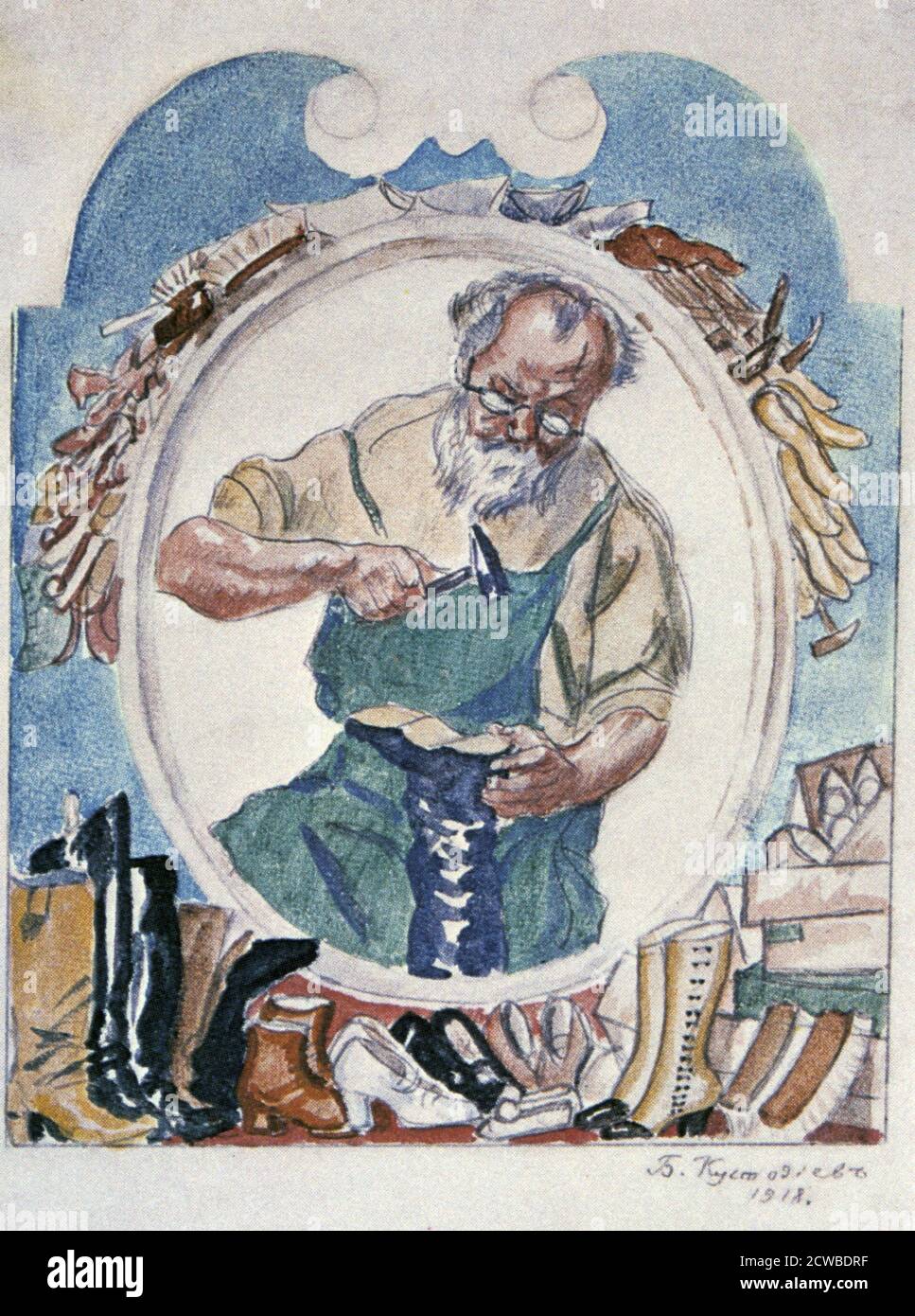 The Cobbler', 1918. Artist: Boris Mikhaylovich Kustodiev. Boris Mikhaylovich Kustodiev was a Russian painter and stage designer. Stock Photo