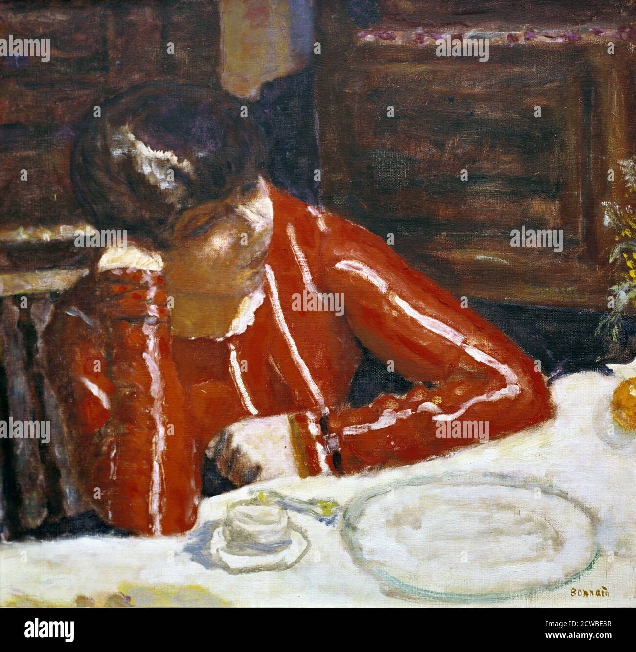 Woman in Red Top', c1920. Artist: Pierre Bonnard. Bonnard was a French painter, illustrator, and printmaker, known for the stylized decorative qualities of his paintings and his bold use of colour. He was a founding member of the Post-Impressionist group of avant-garde painters Les Nabis. Stock Photo
