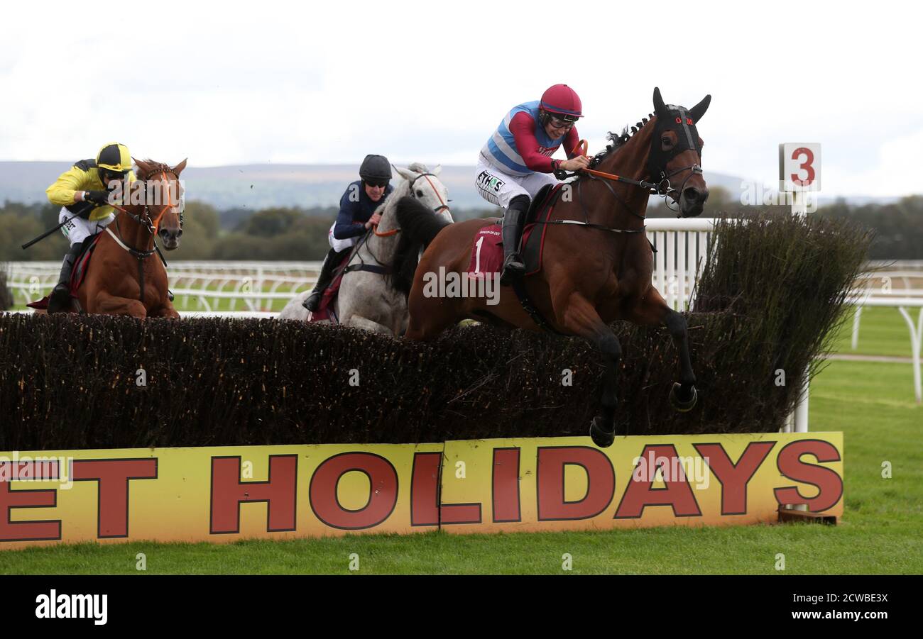 The Butcher Said ridden by Adrian Heskin goes on to win The Betsafe Racing From Over 40 Countries Novices’ Chase at Bangor Racecourse, Wrexham. Stock Photo